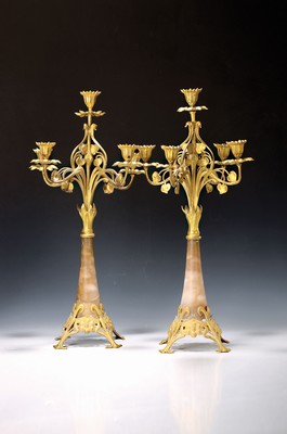 Image 26779533 - Pair of candlesticks, probably France, around 1900, Art Nouveau, brass, stone insert, slightsigns of wear, height approx. 57 cm, gilded, florally decorated