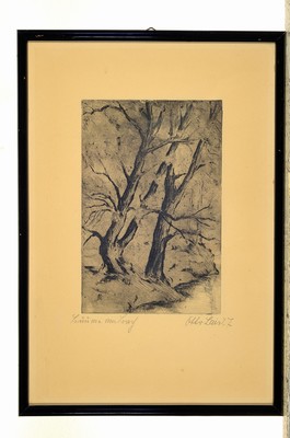 26779563k - Otto Lais, drei Radierungen, "Vagabunden", "Glückauff 1928" und Bäume, alle drei handsigniert und bezeichnet, dat.25 und 27, gebräunt, Abb. ca. 19 x 22.5 cm/ 15 x 10.5 cm und 20 x 13 cm, alle unter Glas, Rahmen, z.T. mit Widmung