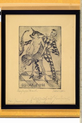 26779563m - Otto Lais, drei Radierungen, "Vagabunden", "Glückauff 1928" und Bäume, alle drei handsigniert und bezeichnet, dat.25 und 27, gebräunt, Abb. ca. 19 x 22.5 cm/ 15 x 10.5 cm und 20 x 13 cm, alle unter Glas, Rahmen, z.T. mit Widmung