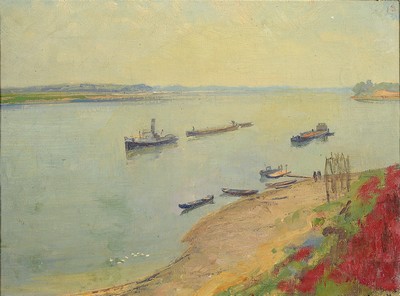 Image 26779592 - Attribution: Jenö Karpathy, 1870 - 1950, Hungarian artist, river landscape with ships and jetties, oil/canvas, signed lower right, crazed, minor age-related damages, approx. 38 x 51 cm, frame