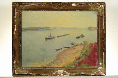 26779592k - Attribution: Jenö Karpathy, 1870 - 1950, Hungarian artist, river landscape with ships and jetties, oil/canvas, signed lower right, crazed, minor age-related damages, approx. 38 x 51 cm, frame