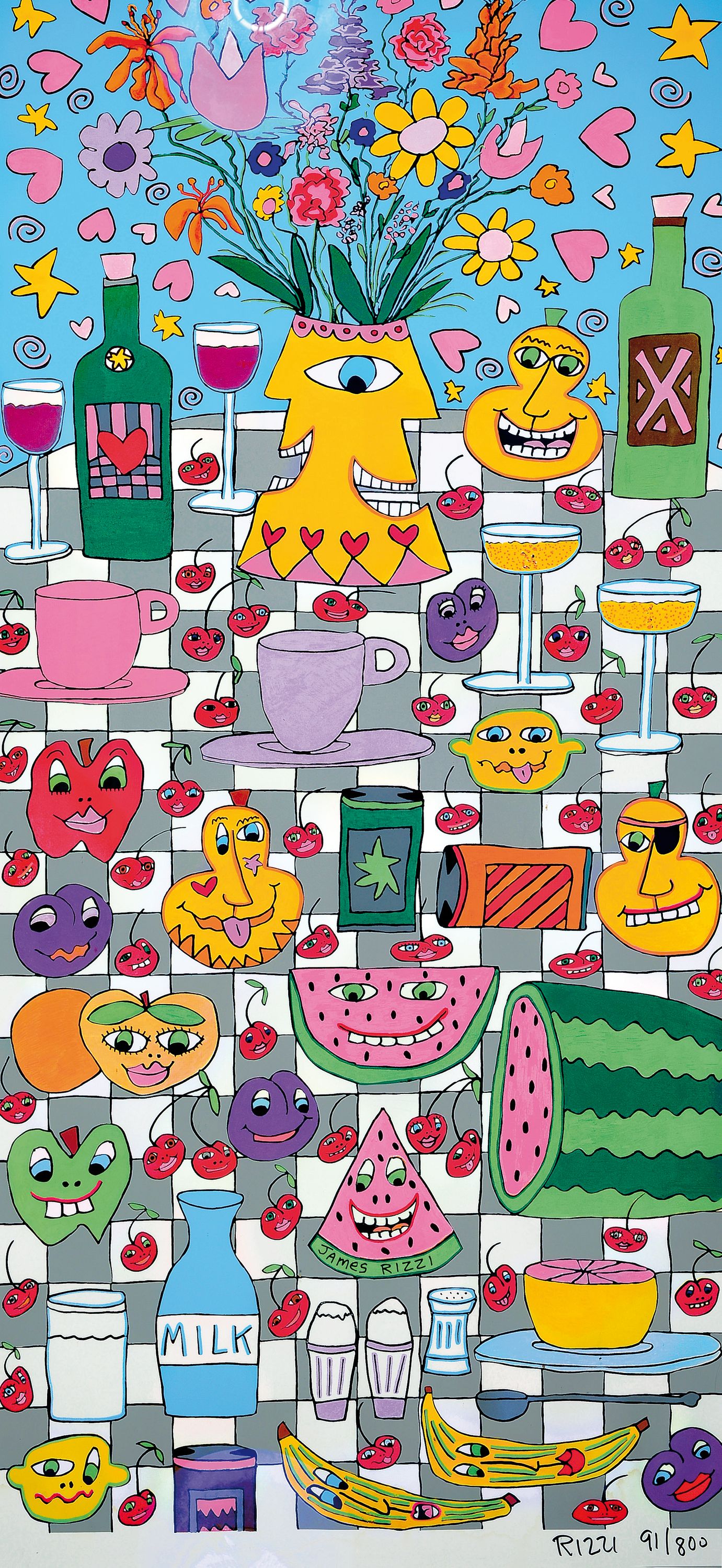 James Rizzi, 1950-2011 New York, Kitchen Table, Farbserigraphie von 1997, handsigniert und num. 91/800, ca. 130x63 cm, u.Gl., R. ca. 140x74cm
