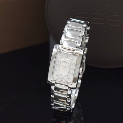Image EBEL nearly mint ladies wristwatch Brasilia reference 1216462, quartz, stainless steel case including bracelet with butterfly buckle, case back screwed-down 4-times, mother of pearl dial with 11 applied diamond indices, display of hours & minutes, measures approx. 30 x 23 mm, length approx. 19 cm, original box & papers, condition 1