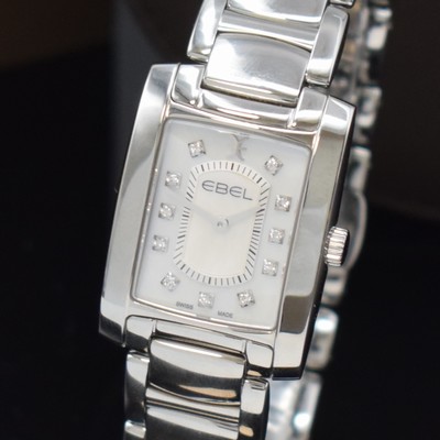 26779624a - EBEL nearly mint ladies wristwatch Brasilia reference 1216462, quartz, stainless steel case including bracelet with butterfly buckle, case back screwed-down 4-times, mother of pearl dial with 11 applied diamond indices, display of hours & minutes, measures approx. 30 x 23 mm, length approx. 19 cm, original box & papers, condition 1