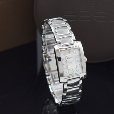 26779624b - EBEL nearly mint ladies wristwatch Brasilia reference 1216462, quartz, stainless steel case including bracelet with butterfly buckle, case back screwed-down 4-times, mother of pearl dial with 11 applied diamond indices, display of hours & minutes, measures approx. 30 x 23 mm, length approx. 19 cm, original box & papers, condition 1