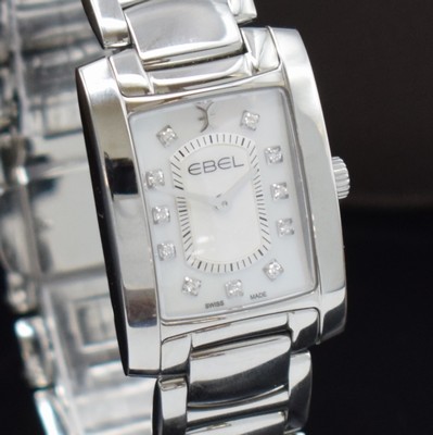 26779624c - EBEL nearly mint ladies wristwatch Brasilia reference 1216462, quartz, stainless steel case including bracelet with butterfly buckle, case back screwed-down 4-times, mother of pearl dial with 11 applied diamond indices, display of hours & minutes, measures approx. 30 x 23 mm, length approx. 19 cm, original box & papers, condition 1