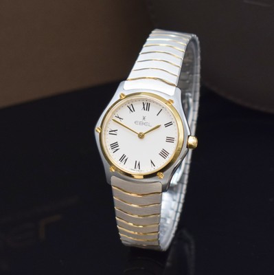 Image 26779626 - EBEL nearly mint ladies wristwatch series Sport Classique reference 1216387A, quartz, stainless steel/gold combined including bracelet with butterfly buckle, case back screwed-down 4-times, white dial with Roman hours, display of hours & minutes, diameter approx. 29 mm, length approx. 18,5 cm, original box & papers, condition 1