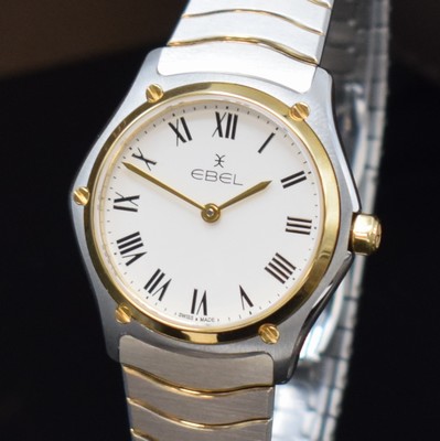 26779626a - EBEL nearly mint ladies wristwatch series Sport Classique reference 1216387A, quartz, stainless steel/gold combined including bracelet with butterfly buckle, case back screwed-down 4-times, white dial with Roman hours, display of hours & minutes, diameter approx. 29 mm, length approx. 18,5 cm, original box & papers, condition 1