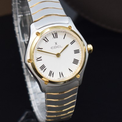 26779626c - EBEL nearly mint ladies wristwatch series Sport Classique reference 1216387A, quartz, stainless steel/gold combined including bracelet with butterfly buckle, case back screwed-down 4-times, white dial with Roman hours, display of hours & minutes, diameter approx. 29 mm, length approx. 18,5 cm, original box & papers, condition 1