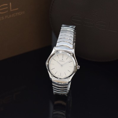 Image EBEL nearly mint ladies wristwatch series Sport Classique reference 1216448A, quartz, stainless steel case including bracelet with butterfly buckle, case back screwed-down 4- times, white dial with applied indices, display of hours & minutes, diameter approx. 29 mm, length approx. 18,5 cm, original box & papers, condition 1
