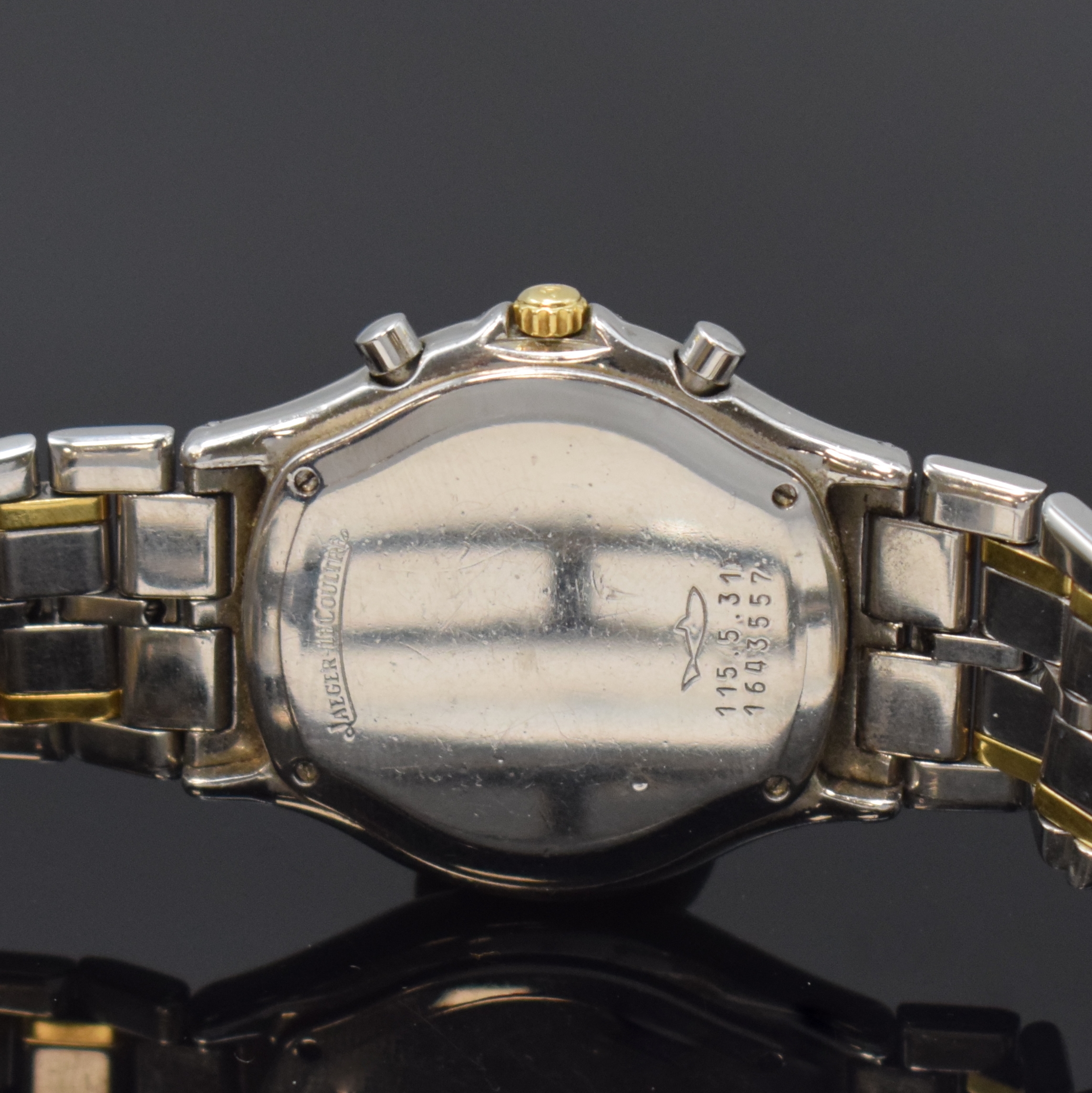 Detail d: Jaeger-LeCoultre Armbandchronograph Heraion Referenz 115.5.31, Schweiz um 1989, quarz, Edelstahl/Gold kombiniert inkl. Gliederband m. dopp. ...