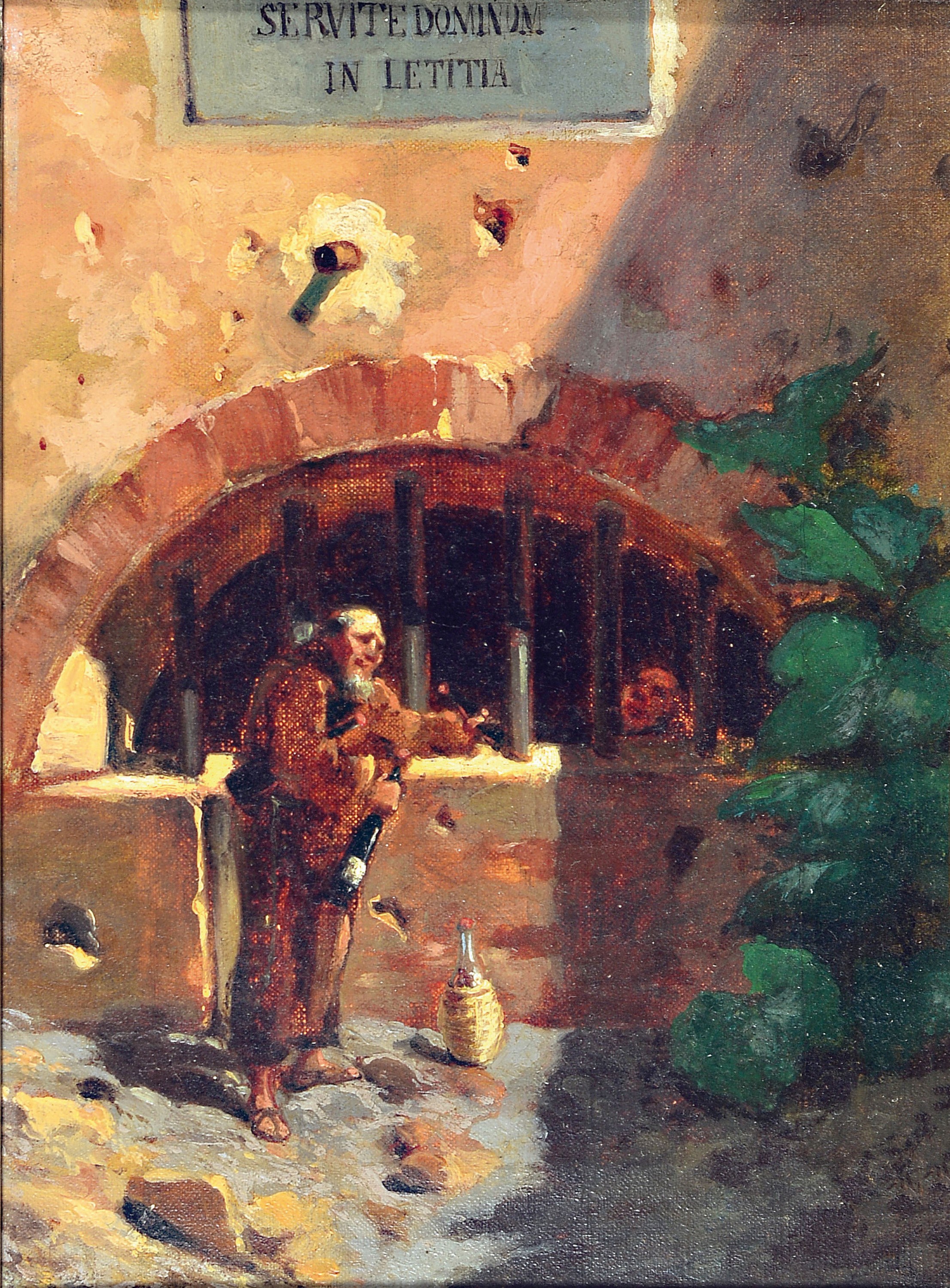 Unbekannter Künstler, Italien, 2. Hälfte 19. Jh., Mönch reichte einem Gefangenen Wein durch das Gitter, Öl/Lwd, ca. 24x18cm, R. ca.