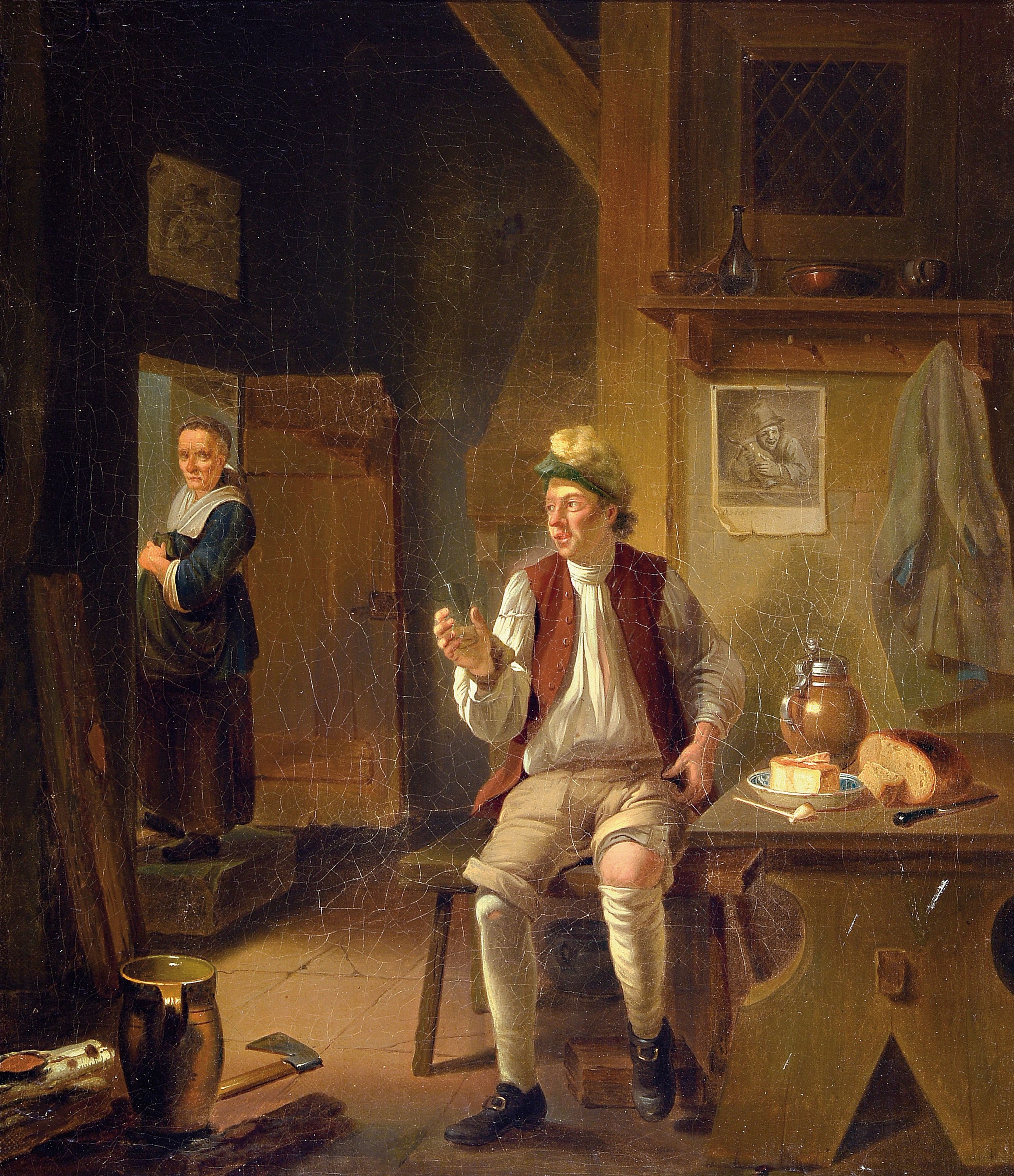 Unbekannter Künstler, Niederlande, um 1830-40, In der Gaststube, Öl/Lwd, auf Hartfaser doubliert, ca. 46x40cm, R. ca. 55x49cm