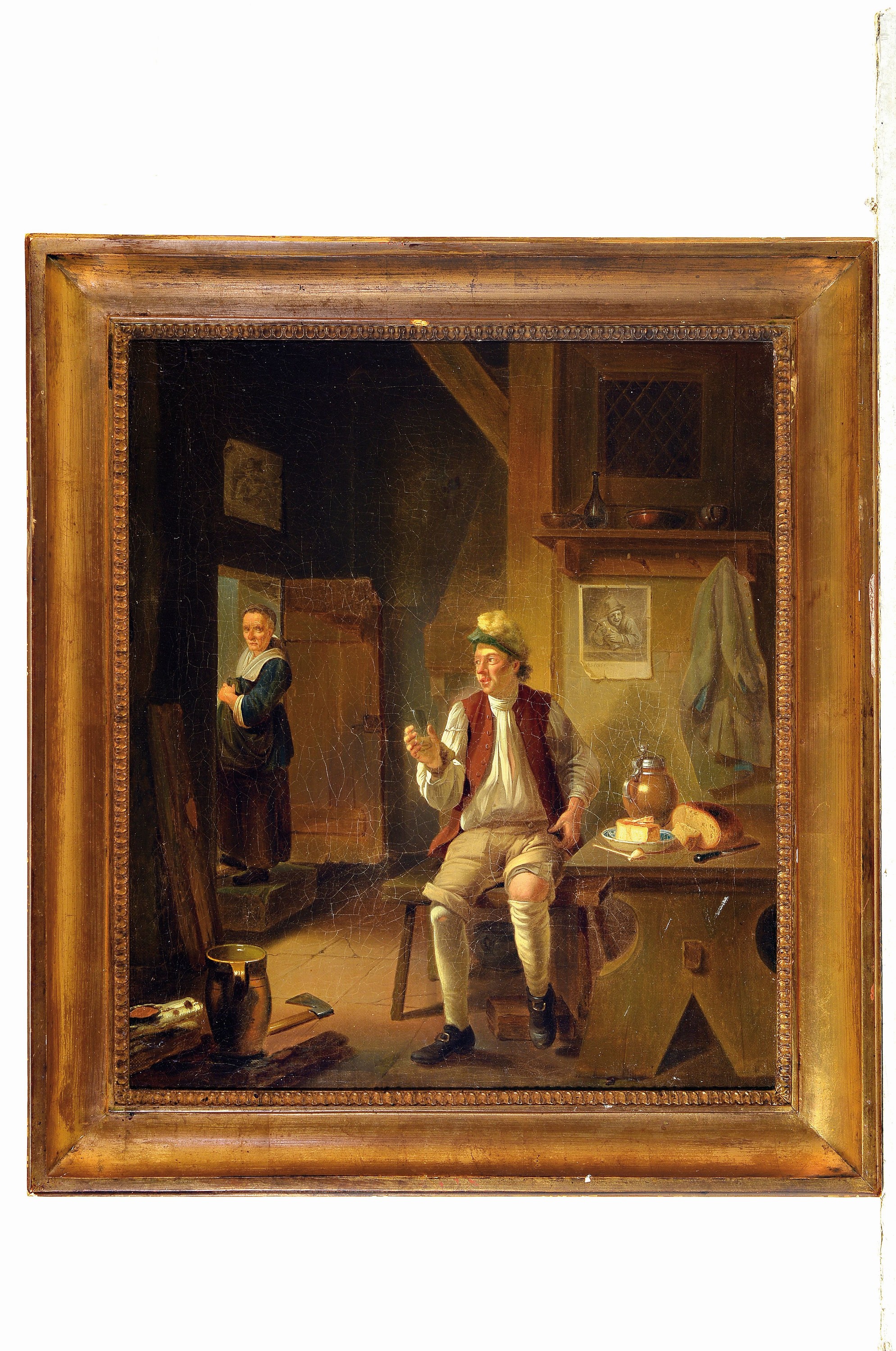 Detail k: Unbekannter Künstler, Niederlande, um 1830-40, In der Gaststube, Öl/Lwd, auf Hartfaser doubliert, ca. 46x40cm, R. ca. 55x49cm