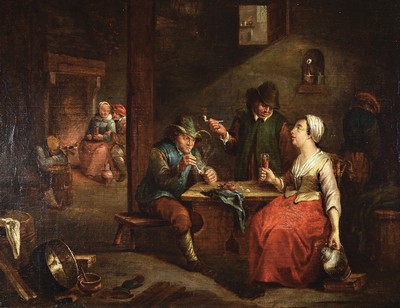 Image 26779757 - Attribution: David Ryckaert III, 1612-1661 Antwerp, seven people in a restaurant, oil/canvas, restored, relined, approx. 64x82cm, frame approx. 81x99cm, Attribution incopy Prof. W. v. Rakin...1939