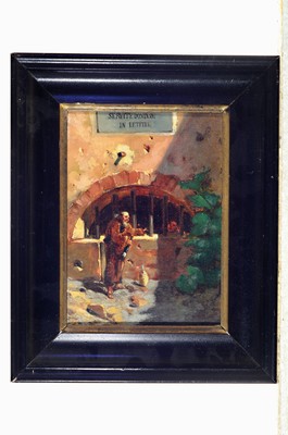 26779758k - Unidentified artist, Italy, 2nd half of 19th century, monk handing wine to a prisoner through the bars, oil/canvas, approx. 24x18cm,frame approx.
