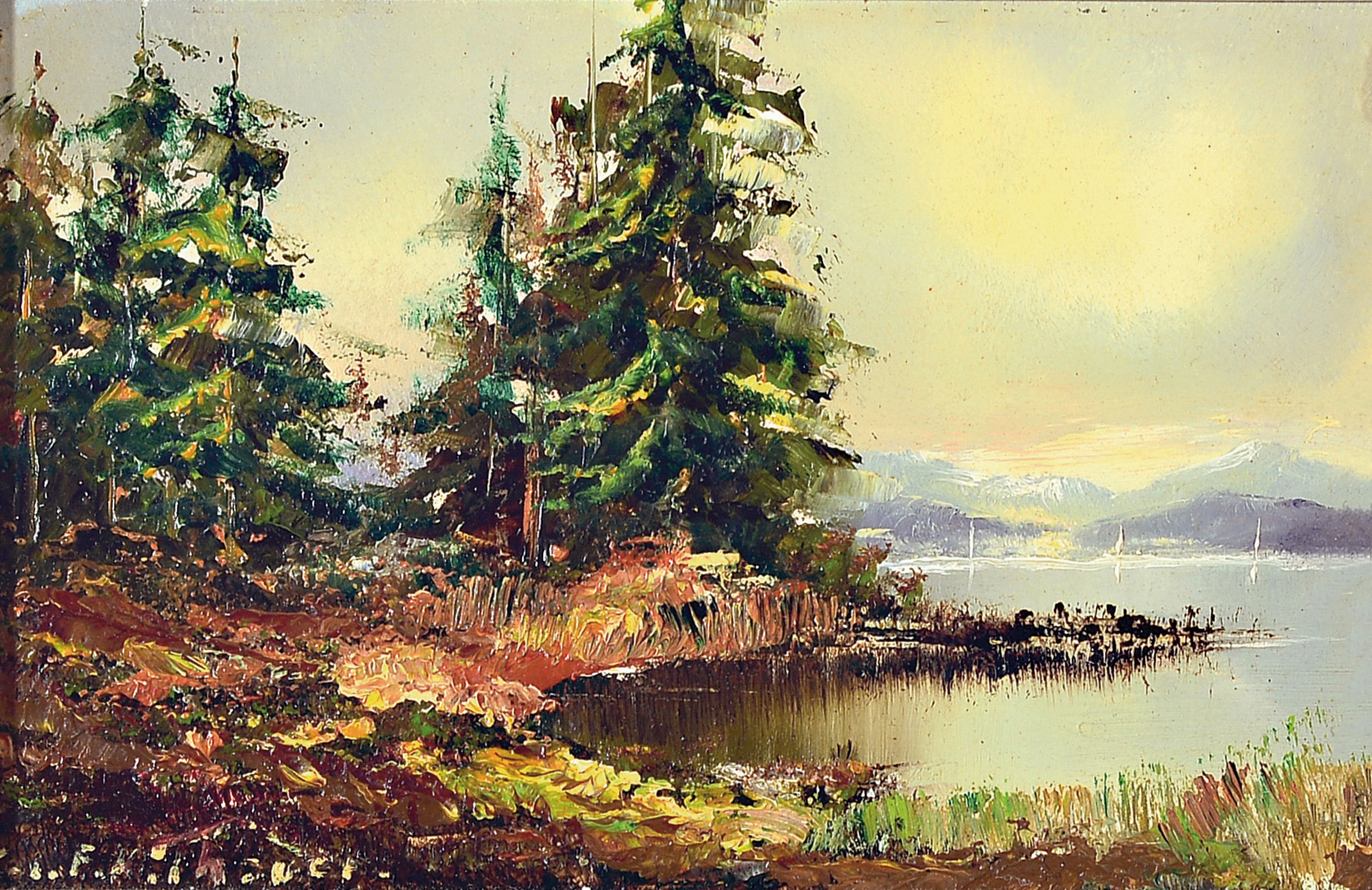 Friedrich Karl Thauer, 1924-2009, drei kleine Gemälde mit Landschaften aus Voralpen und Alpen, Öl/Hartfaser, signiert, je ca. 10x15cm, R. ca. ...