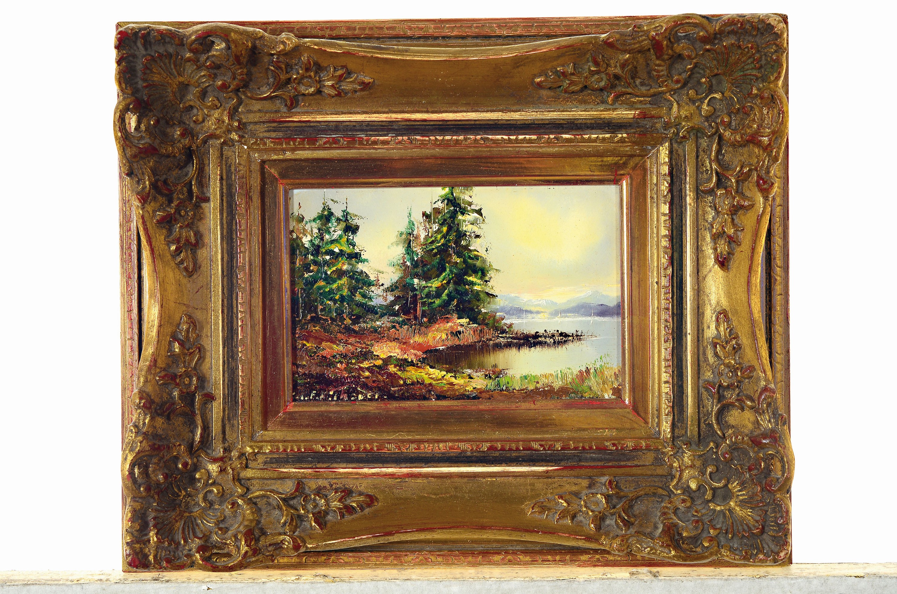 Detail k: Friedrich Karl Thauer, 1924-2009, drei kleine Gemälde mit Landschaften aus Voralpen und Alpen, Öl/Hartfaser, signiert, je ca. 10x15cm, R. ca. ...