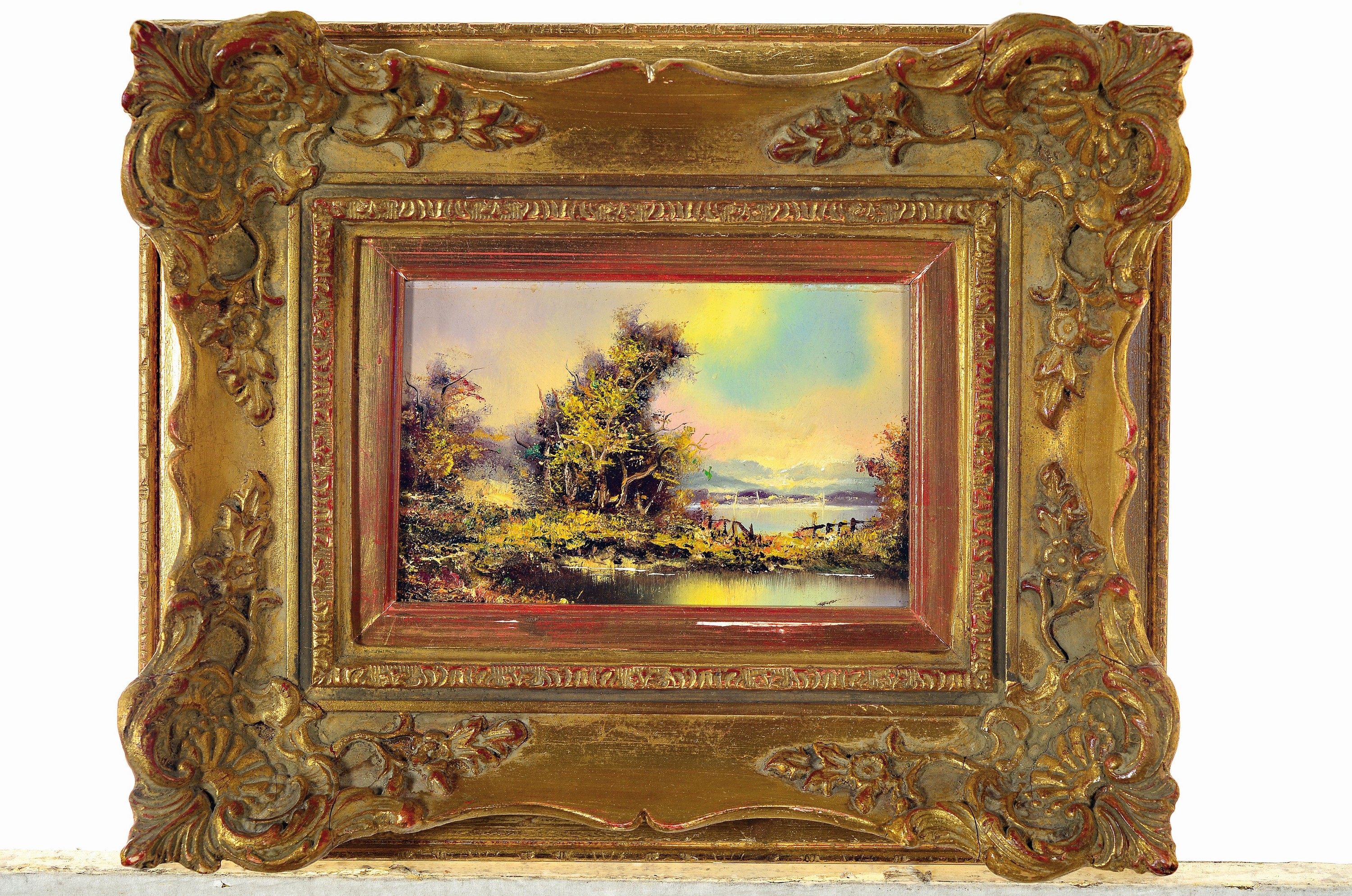 Detail m: Friedrich Karl Thauer, 1924-2009, drei kleine Gemälde mit Landschaften aus Voralpen und Alpen, Öl/Hartfaser, signiert, je ca. 10x15cm, R. ca. ...