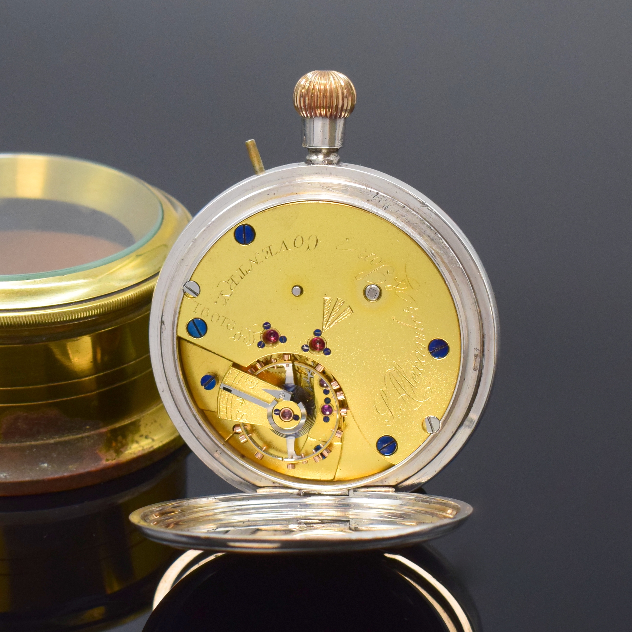 Detail e: S. ALEXANDER & SON H.S.2 Beobachtungsuhr der Britischen Marine, London Hallmark 1915, Sterlingsilber Geh. ohne Glas und Rückdeckel, auf Cuvette bez. ...