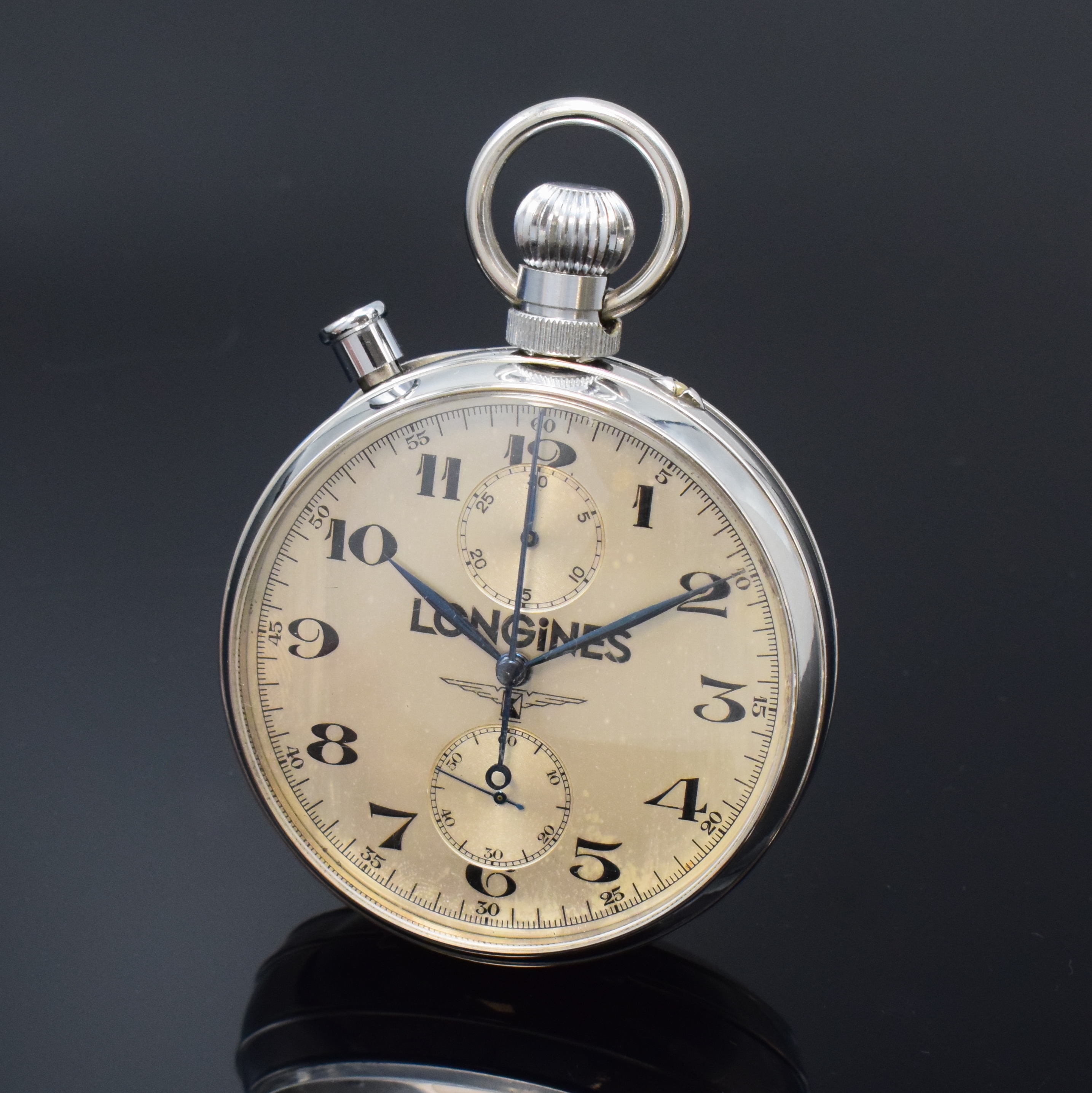 LONGINES Referenz 4507 große Beobachtungsuhr mit Chronograph-Rattrapante in Stahl, Schweiz um 1956, schweres Scharniergeh., rückseitig Werk- u. ...