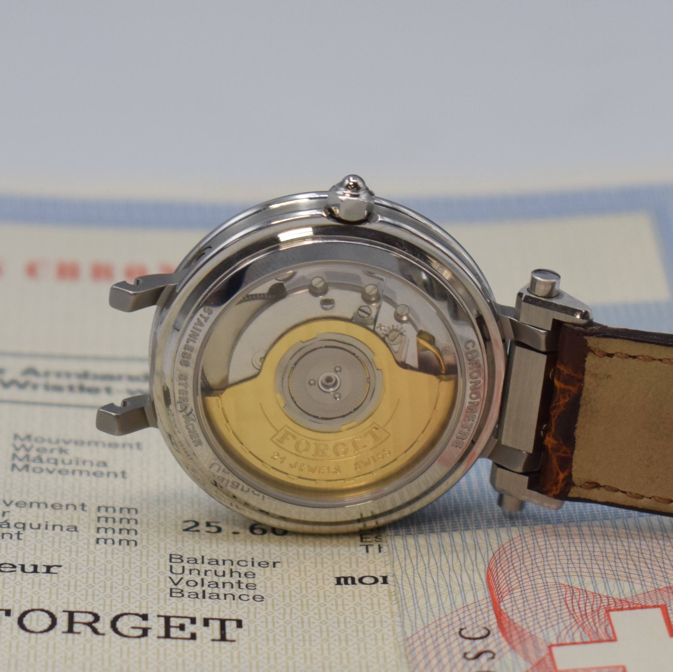 Detail e: Konvolut Forget 4 Armbanduhren und großes Lot an Forget Ersatzteilen, Schweiz 1990er Jahre, Uhren alle Automatik und beids. vergl. an orig. ...