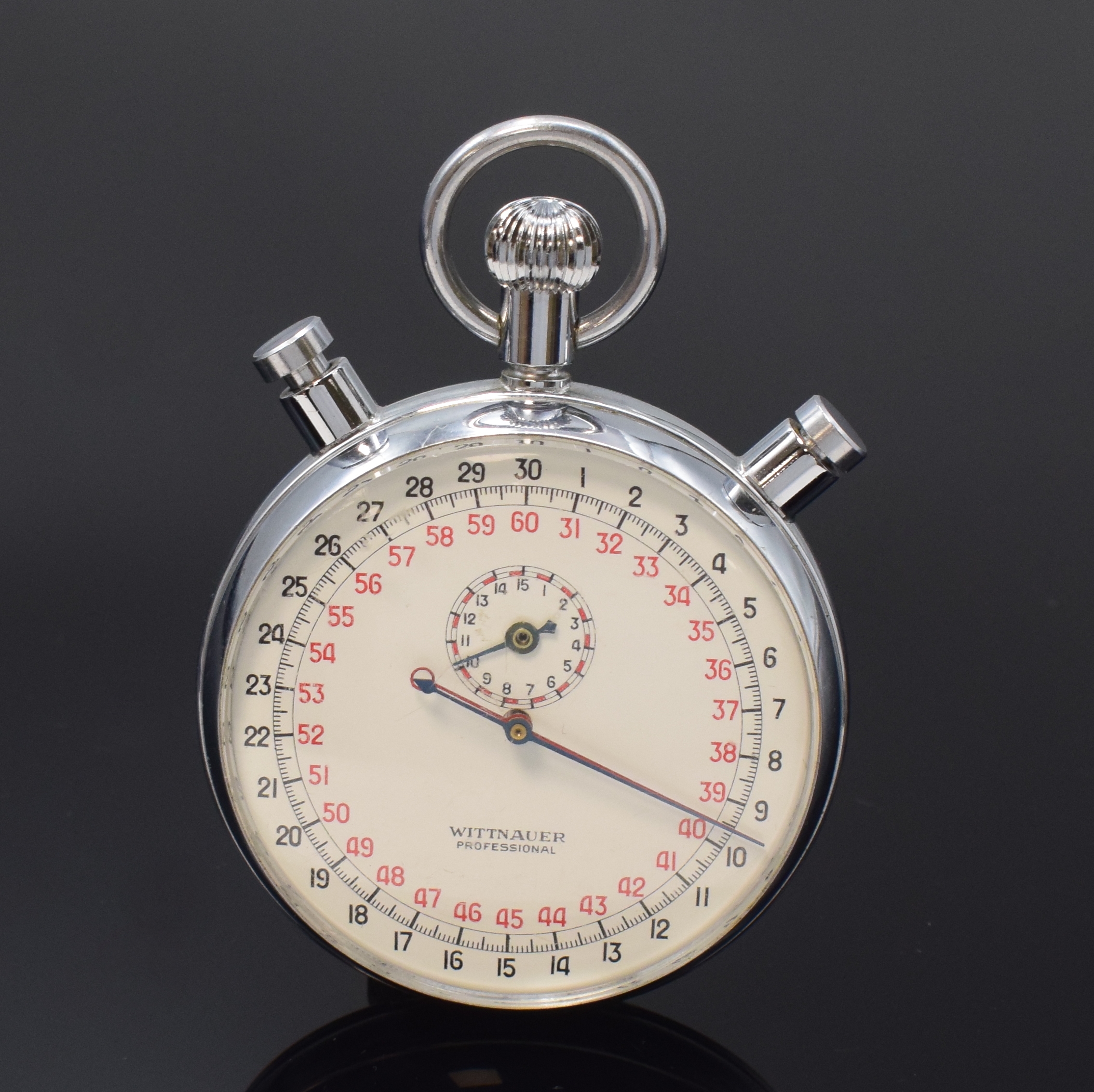 WITTNAUER große Stoppuhr mit Rattrapante, Schweiz um 1960, verchromtes Scharniergeh., Start/Stopp über Krone, Schleppzeiger-Drücker b. 11, ...