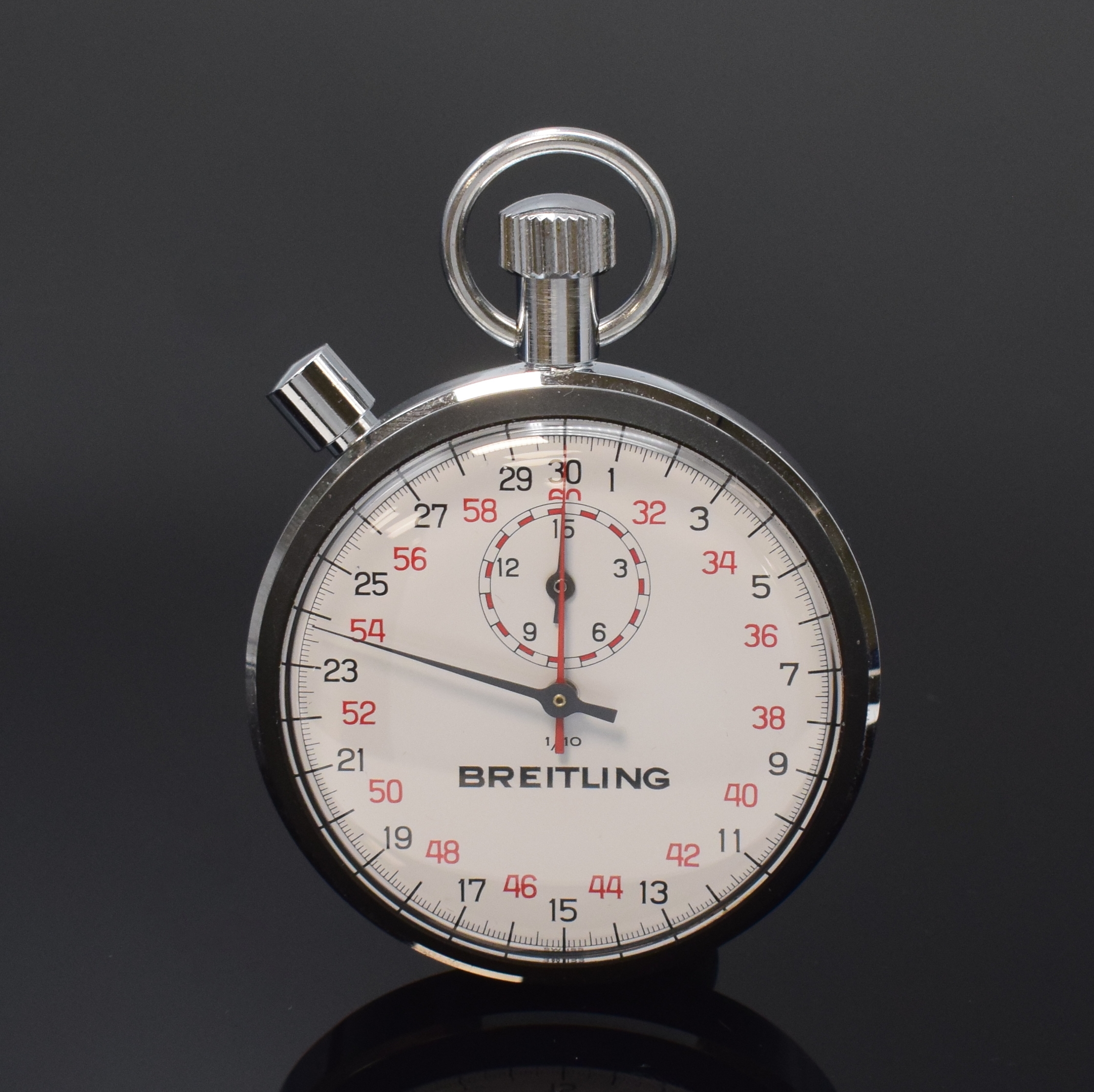 BREITLING Ref. 2534 nahezu neuwertige Stoppuhrmit Rattrapante, Schweiz um 1970, verchr. Geh., Boden u. geschwärzte Lünette aufgedr., ...