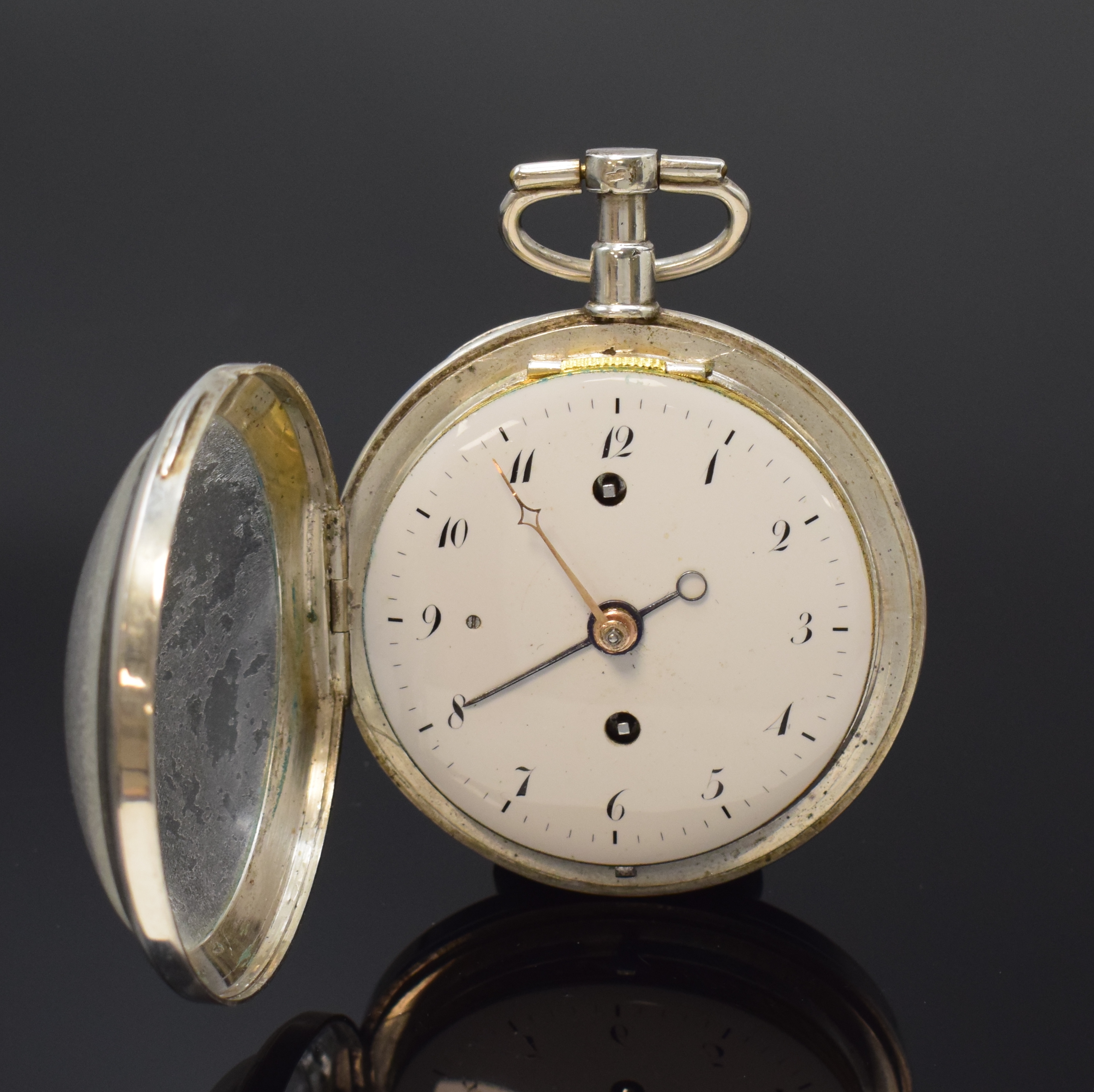 Detail b: LECHOPIEAINE à Paris Spindeltaschenuhr mit Wecker in Silber, Frankreich um 1820, Schlüsselaufzug, schweres glattes Geh., Lünette zu richten, ...