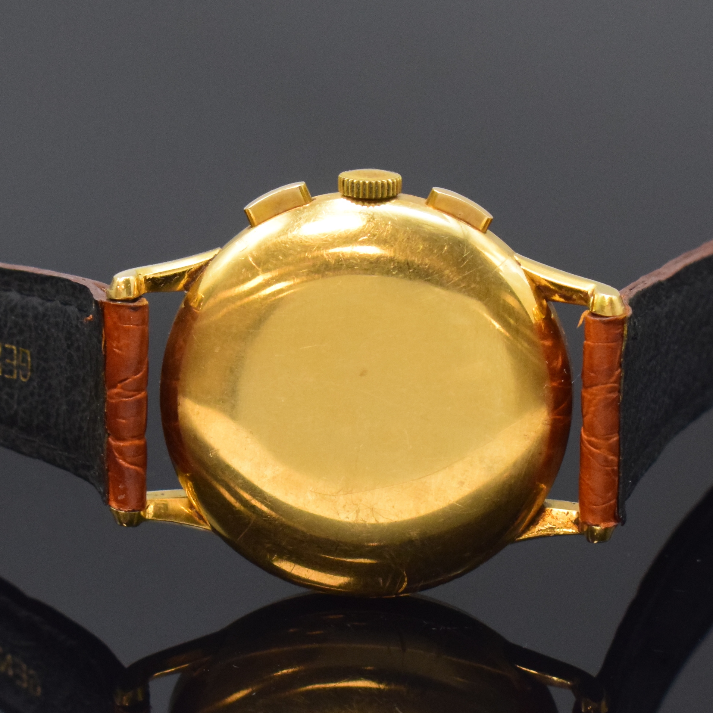 Detail d: LEMANIA CH 27 Schaltradchronograph in GG 750/000, Schweiz um 1950, Handaufzug, 3-tlg. Geh. dell., Boden u. Glasrand gedr., schön pat. orig. ...