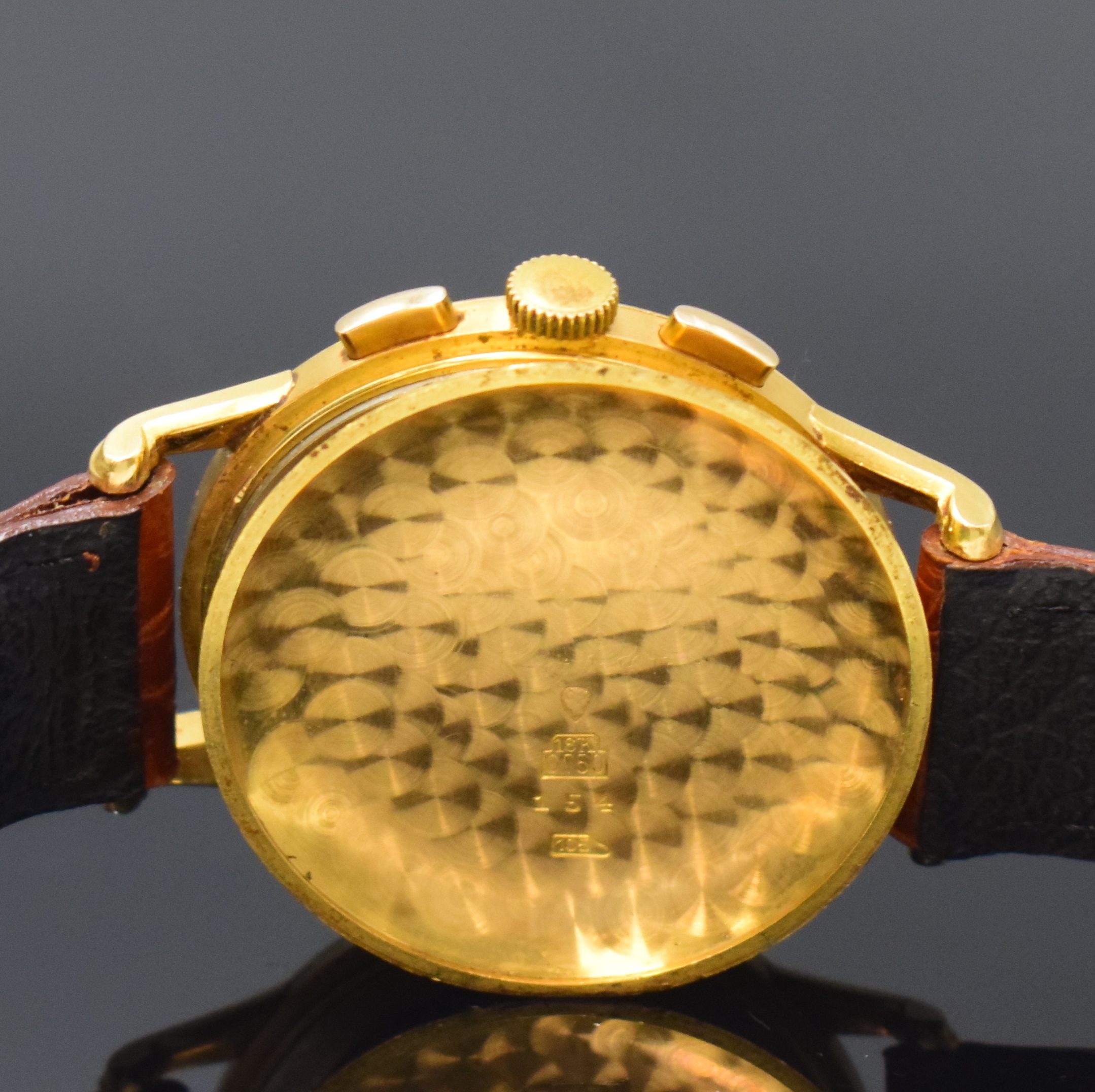 Detail f: LEMANIA CH 27 Schaltradchronograph in GG 750/000, Schweiz um 1950, Handaufzug, 3-tlg. Geh. dell., Boden u. Glasrand gedr., schön pat. orig. ...