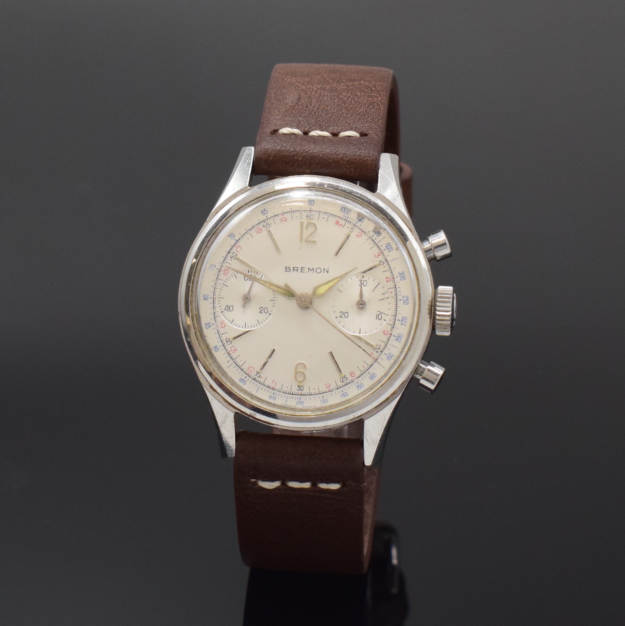 BREITLING / BREMON seltener Armbandchronograph in Stahl Referenz 1158, Schweiz um 1960, Handaufzug, 2-tlg. Geh., Boden verschr., orig. Breitling ...