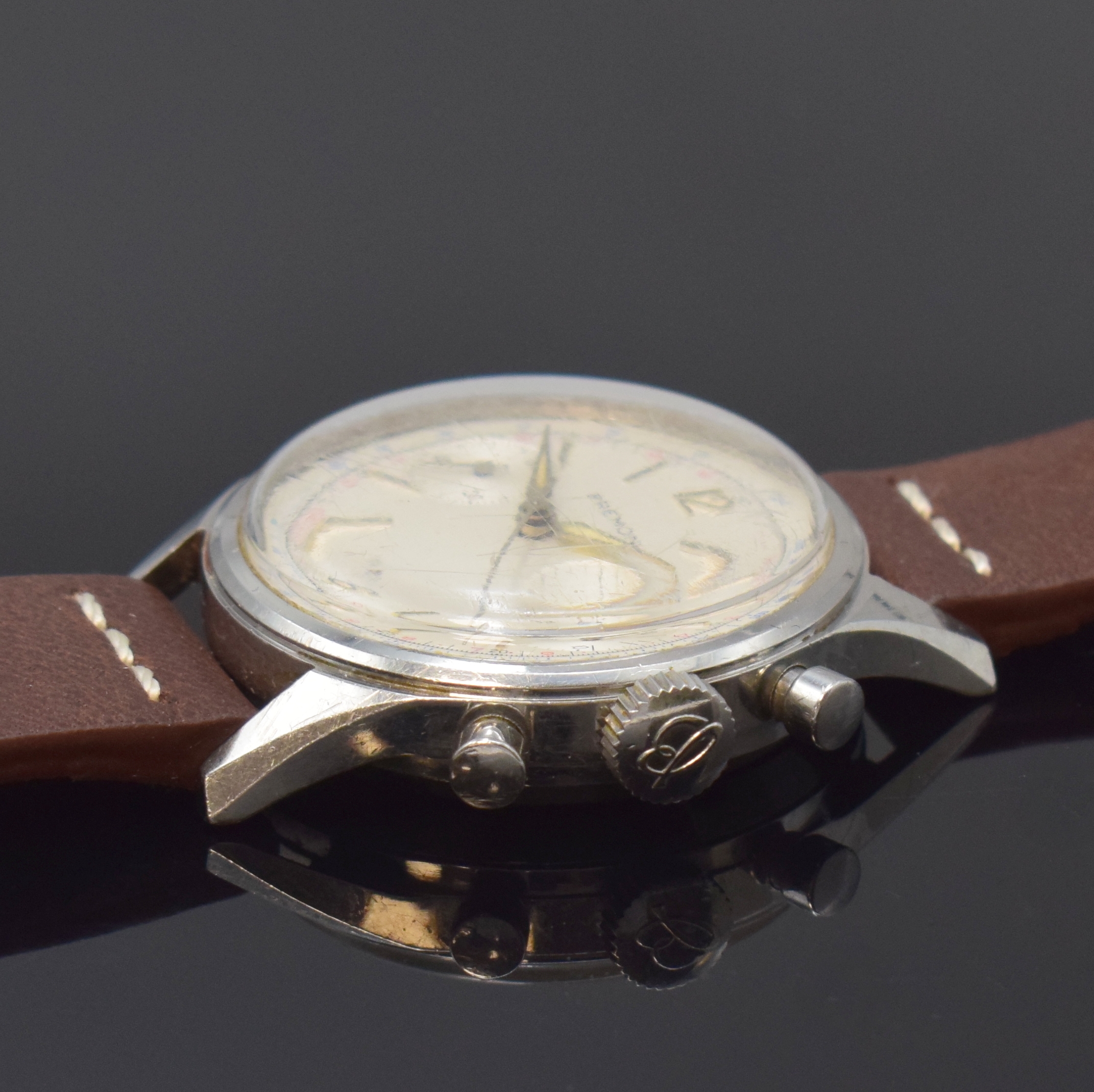 Detail b: BREITLING / BREMON seltener Armbandchronograph in Stahl Referenz 1158, Schweiz um 1960, Handaufzug, 2-tlg. Geh., Boden verschr., orig. Breitling ...