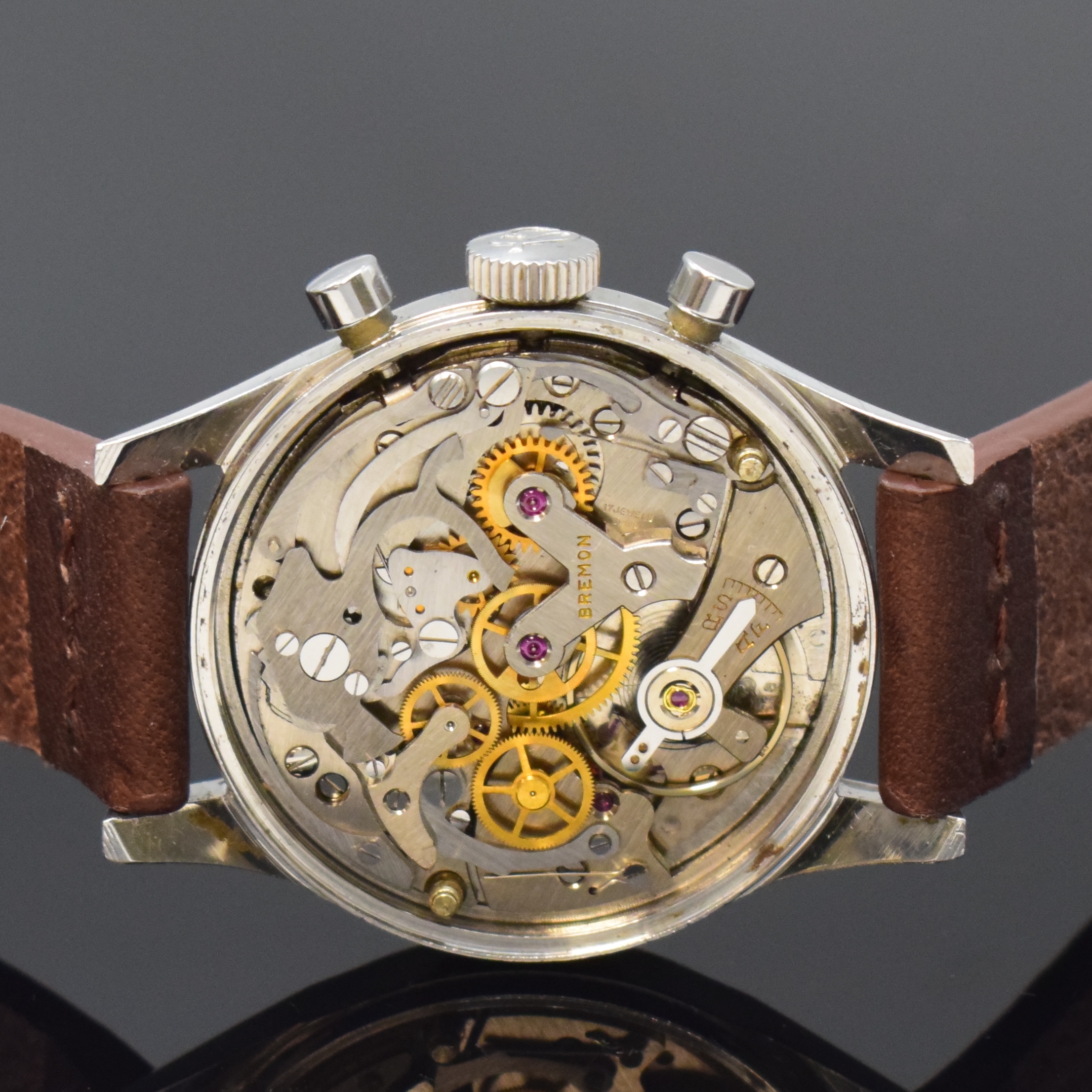 Detail d: BREITLING / BREMON seltener Armbandchronograph in Stahl Referenz 1158, Schweiz um 1960, Handaufzug, 2-tlg. Geh., Boden verschr., orig. Breitling ...