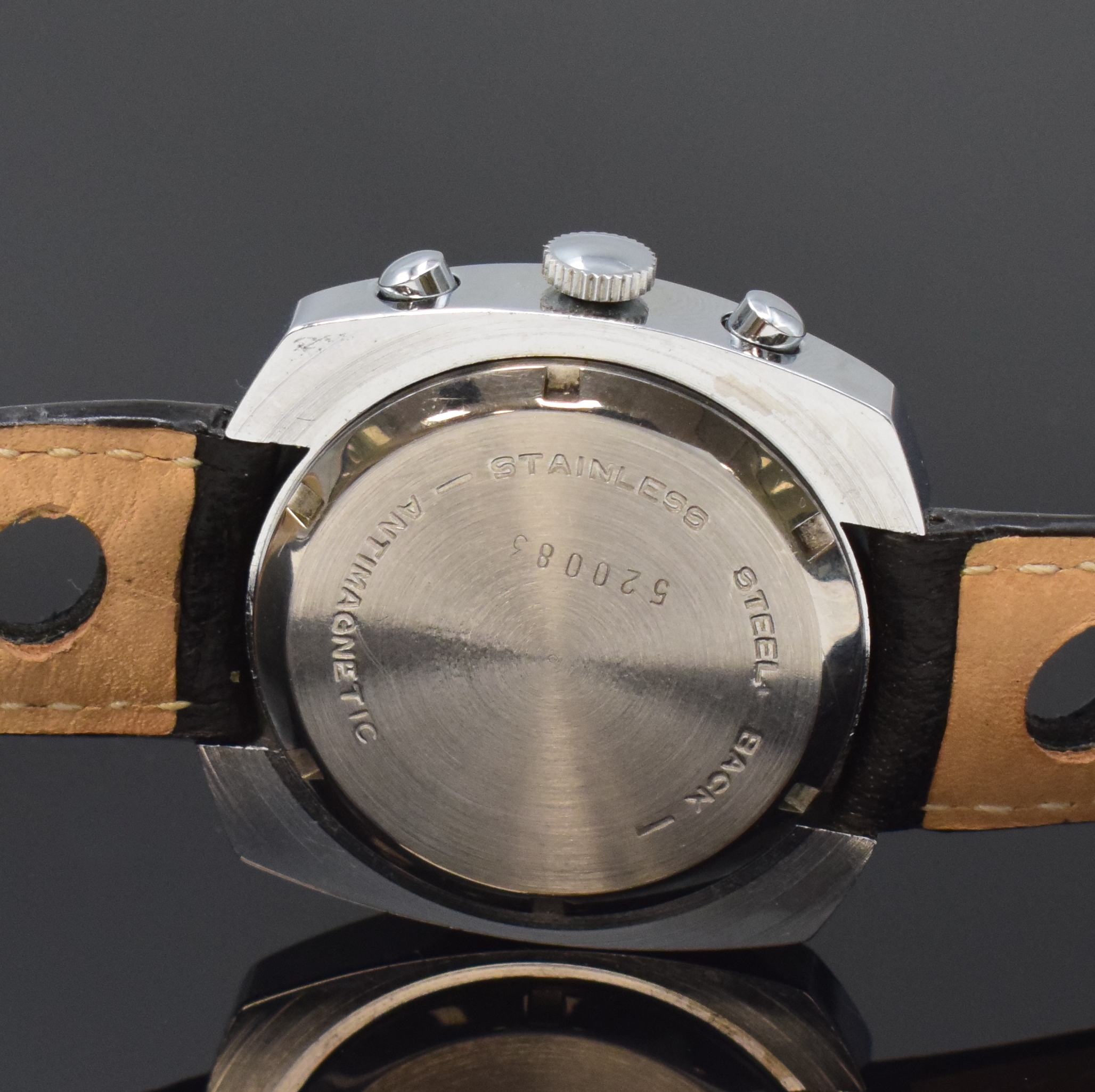 Detail c: PEPSI Armbandchronograph Valjoux 7736, Schweiz um 1970, Handaufzug, verchr. Geh. m. verschr. Stahlboden, blaues Zifferbl. m. weißen Hilfsblättern, ...