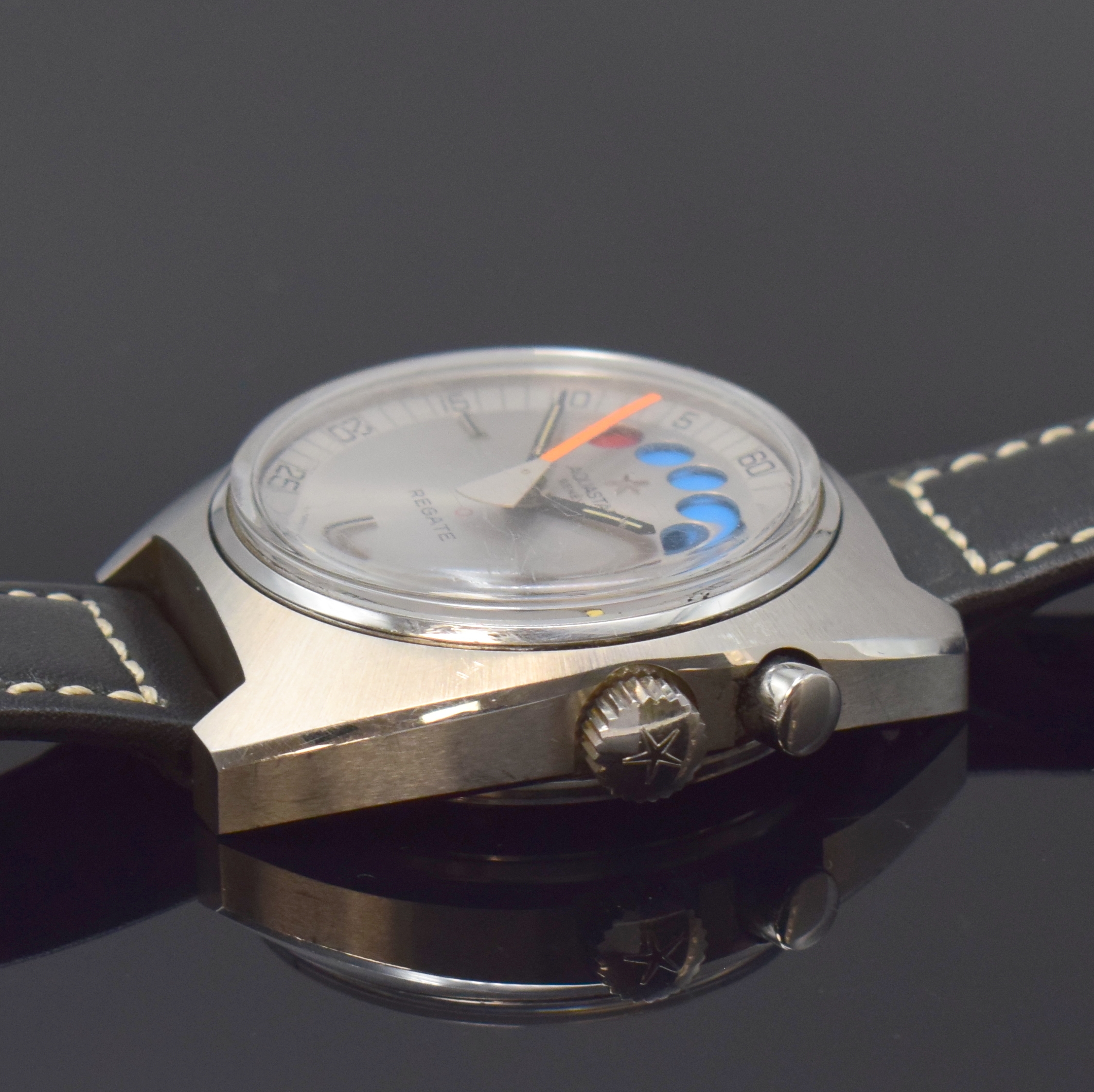 Detail b: AQUASTAR Regate unpolierter Regatta Chronograph Referenz 9851 in Stahl, Schweiz um 1970, Automatik, verschr. Geh., orig. Krone u. Drücker, ...