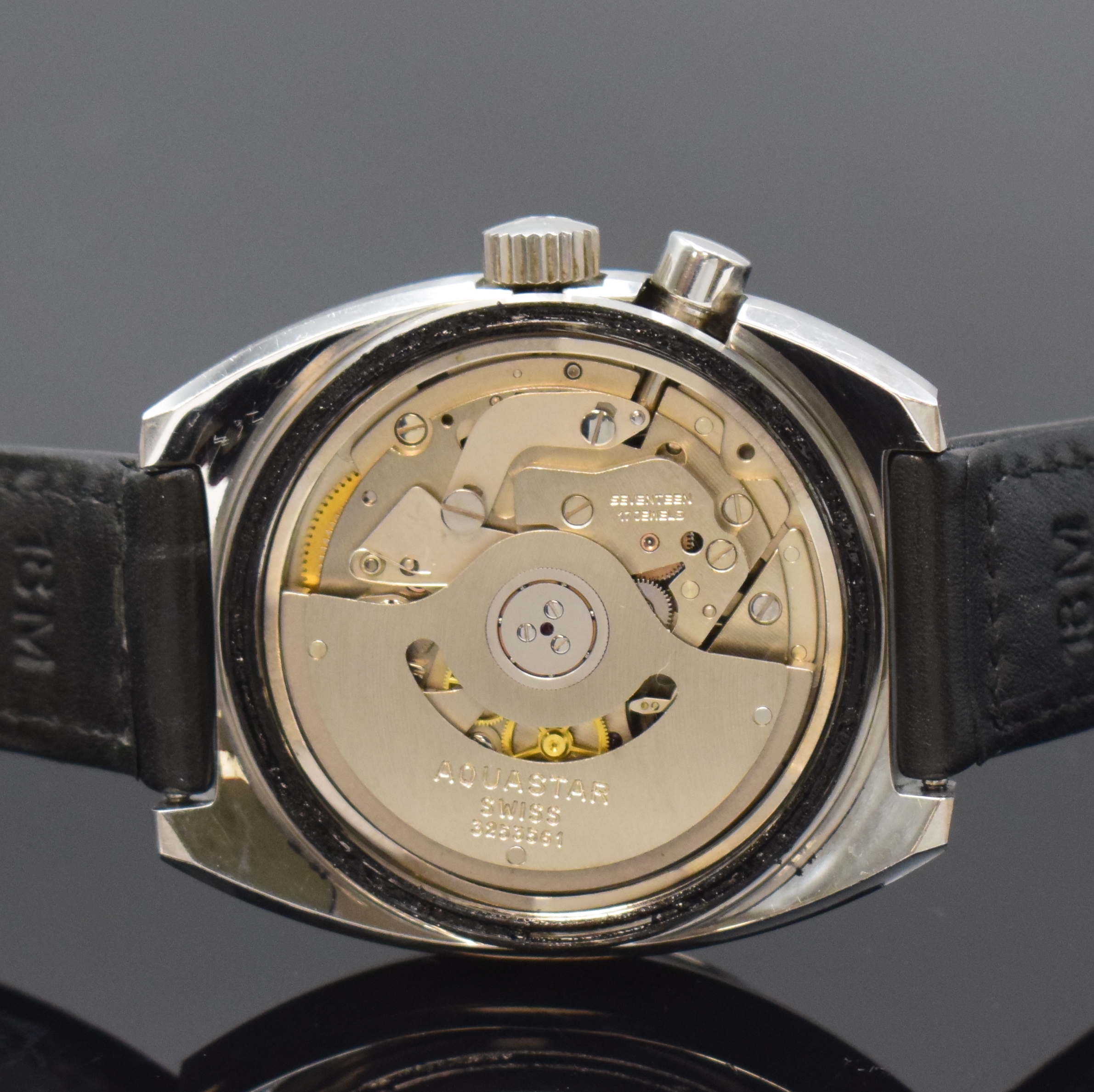 Detail d: AQUASTAR Regate unpolierter Regatta Chronograph Referenz 9851 in Stahl, Schweiz um 1970, Automatik, verschr. Geh., orig. Krone u. Drücker, ...