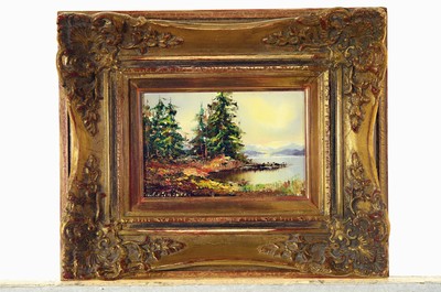 26779812k - Friedrich Karl Thauer, 1924-2009, three small paintings with landscapes from the foothills of the Alps and the Alps, oil/hardboard, signed, each approx. 10x15cm, frame approx. 24x29cm