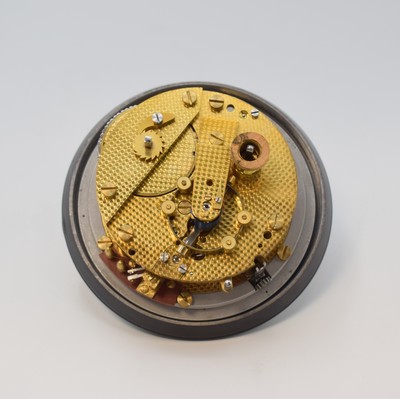 26779817f - WEMPE / JOHN SCHWARZER number 2800 rare Air- Force surface chronometer with lever escapement, Germany around 1942, two piece construction wooden box, removable upper part bevelled-glazed, inside suspended aluminum- case in rubber-suspension, blacked out, at the sides hand-setting and second-stop, slave clock-port controlled by second-contact, white dial signed John Schwarzer, 56-hour-power reserve indicator at 12, constant second at 6, original hands, lever chronometer on basic of the "Einheits"-chronometer, chain and fusee, chronometer-balance with cylindric hairspring, 13 jewels, unusual second-contact, measures approx. 19 x 19 x 17 cm, condition 2-3 John Schwarzer was an outstanding staff-member of the development department from Wempe. The "Einheits"-chronometer starts with number 2800. The present watch is the first produced. Property of a collector . The numbering of the "Einheits"-chronometer starts with the number 2800. The present watch is the first produced.