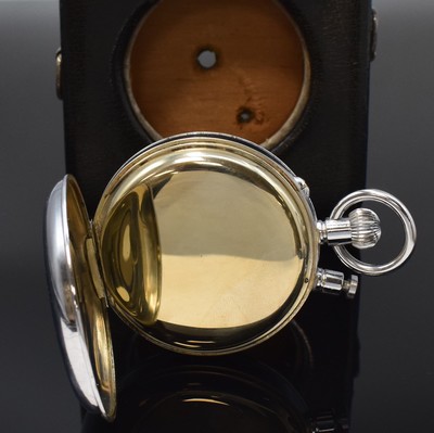 26779819b - JAQUET / LEMANIA big pocket watch-chronograph with Rattrapante in original box, Switzerland around 1950, chromed hinge case, white dial with Arabic numerals, blued steel hands, 24-" gilded movement with 2 intermediate wheels, screw balance with Breguet-hairspring, diameter approx. 65 mm, overhaul recommended at buyer's expense, condition 2-3, property of a collector