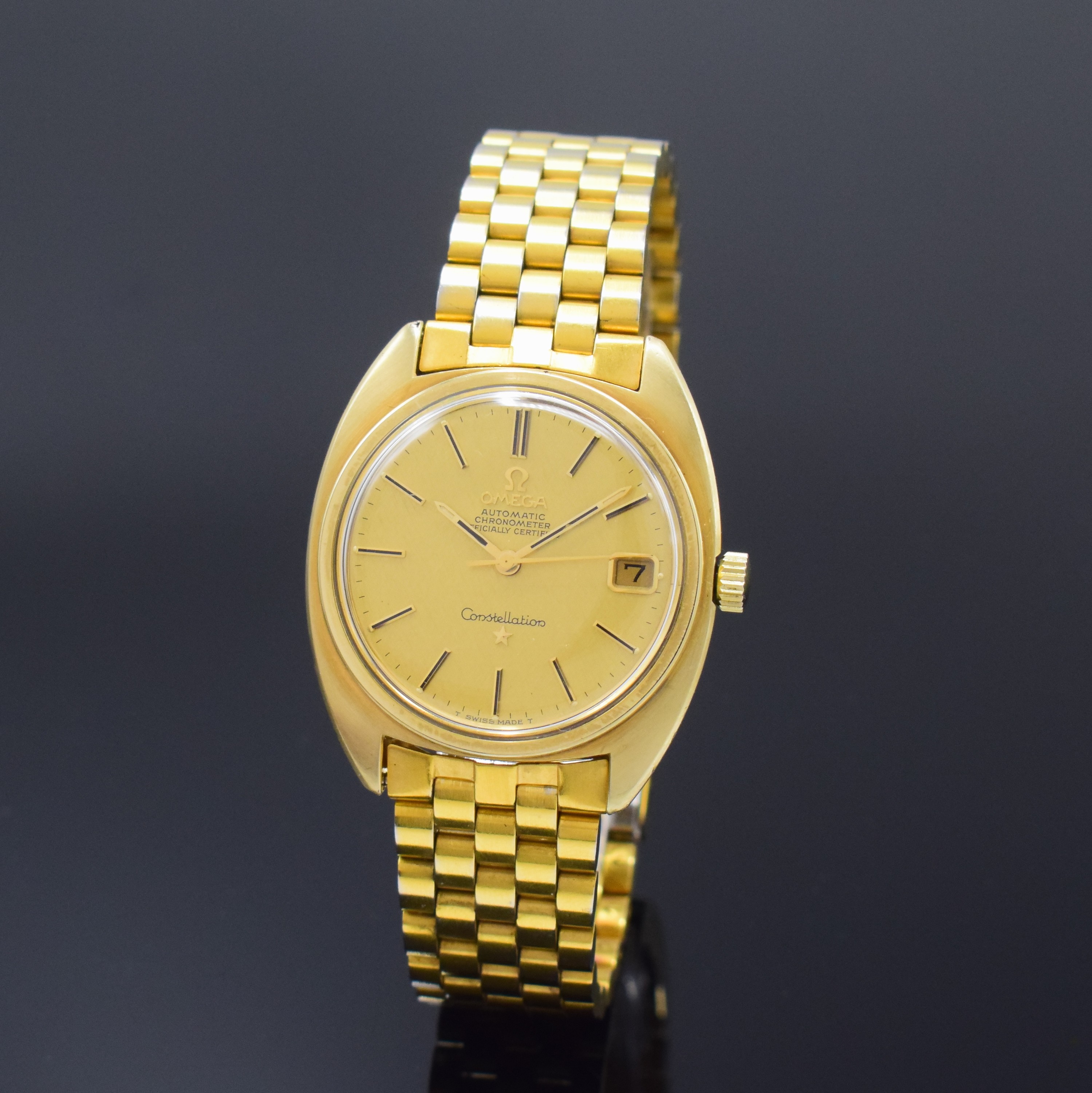 OMEGA Constellation Armbandchronometer in Stahl/Goldhaube Referenz 168.017SP, Schweiz um 1970, Automatik, gold. Sternwarten-Plakette auf verschr. ...