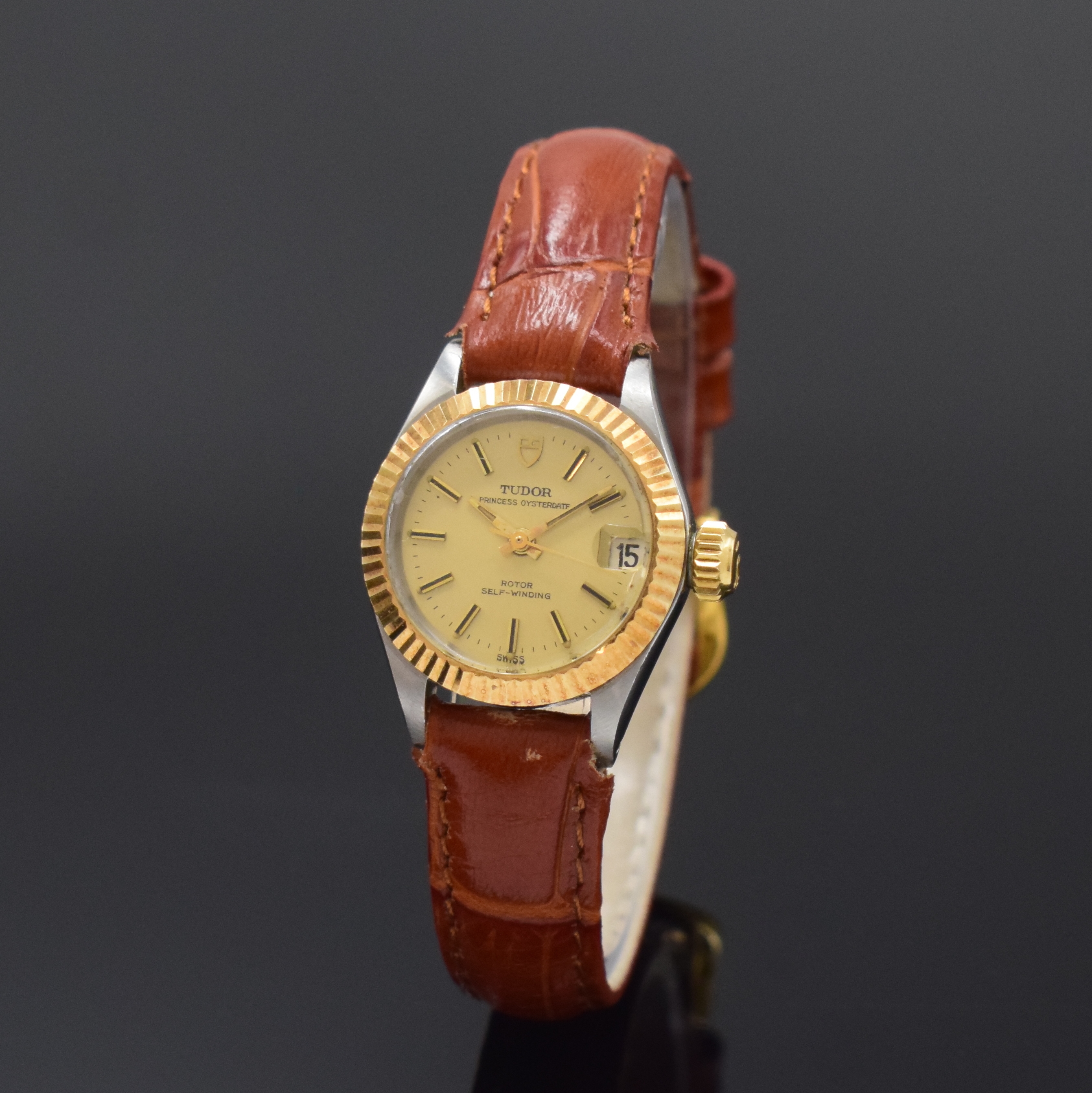 TUDOR Princess Oysterdate Referenz 7592/3 Damenarmbanduhr in Stahl/Gold, Schweiz um 1967, Automatik, Oystergeh. m. Riffel-Lünette, Boden u. Krone ...