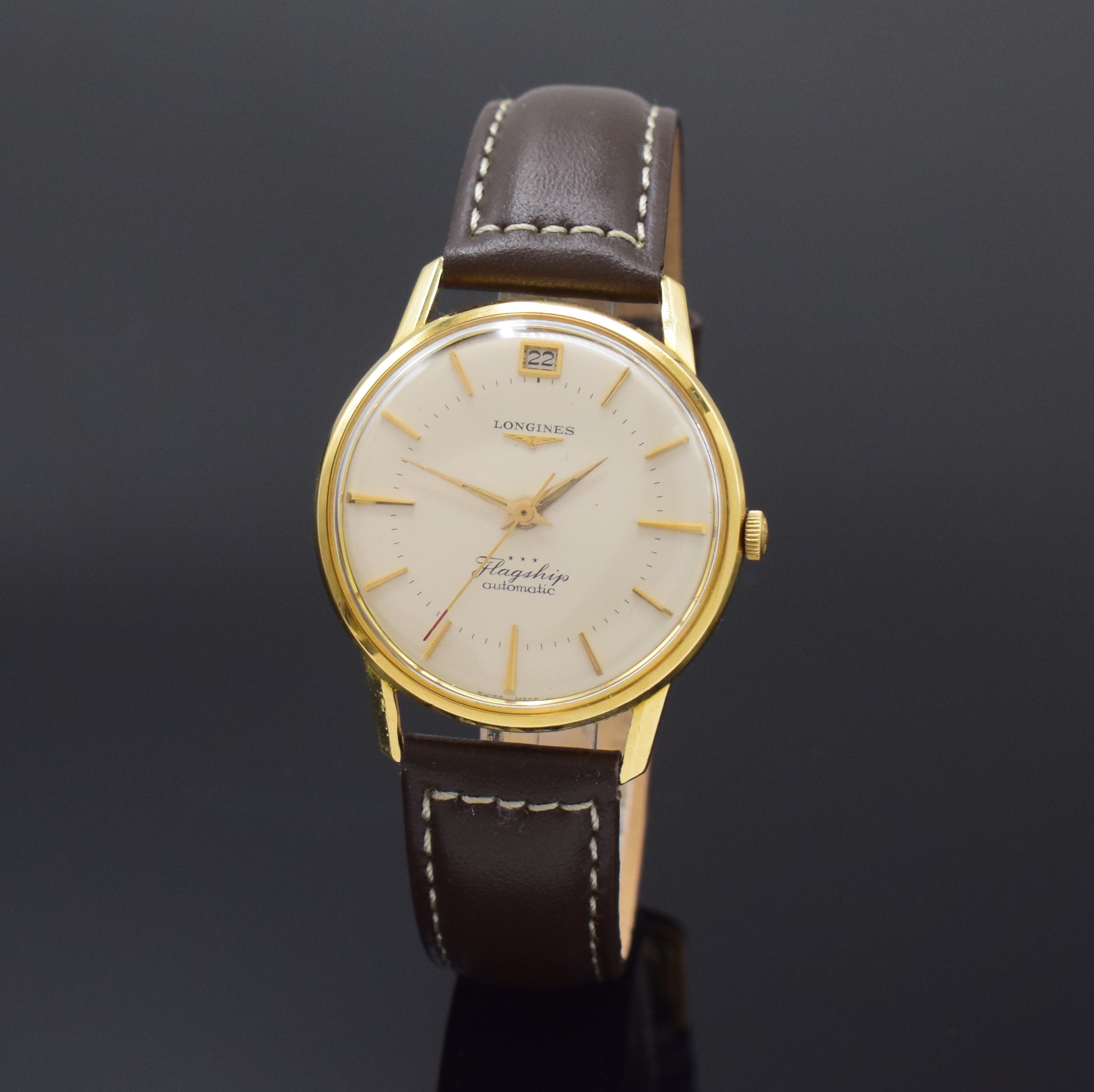 LONGINES Flagship Referenz 2408 Armbanduhr in GG 750/000, Schweiz um 1962, Automatik, verschraubtes Geh., Boden m. Relief eines Segelschiffes, orig. ...
