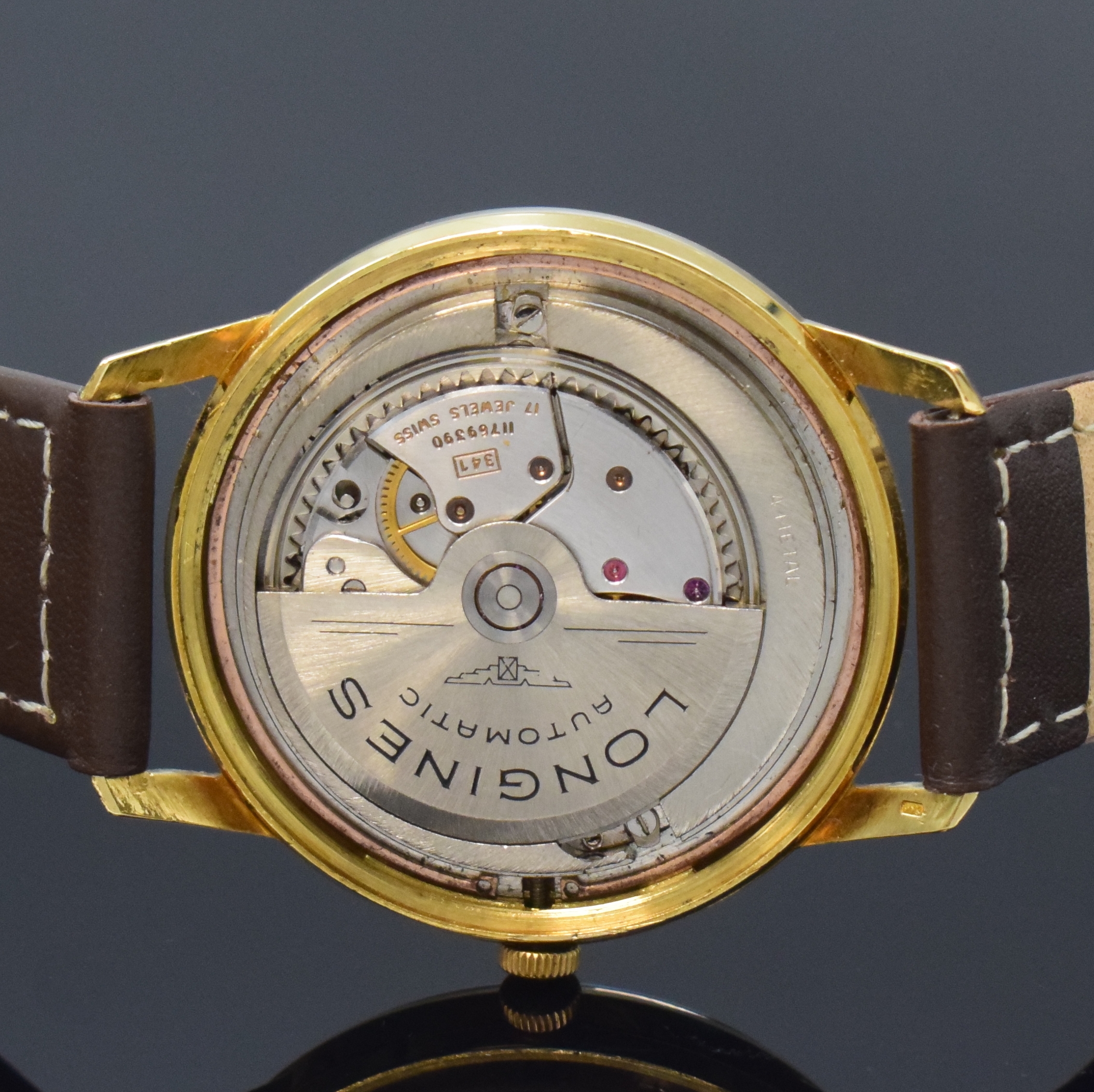Detail e: LONGINES Flagship Referenz 2408 Armbanduhr in GG 750/000, Schweiz um 1962, Automatik, verschraubtes Geh., Boden m. Relief eines Segelschiffes, orig. ...