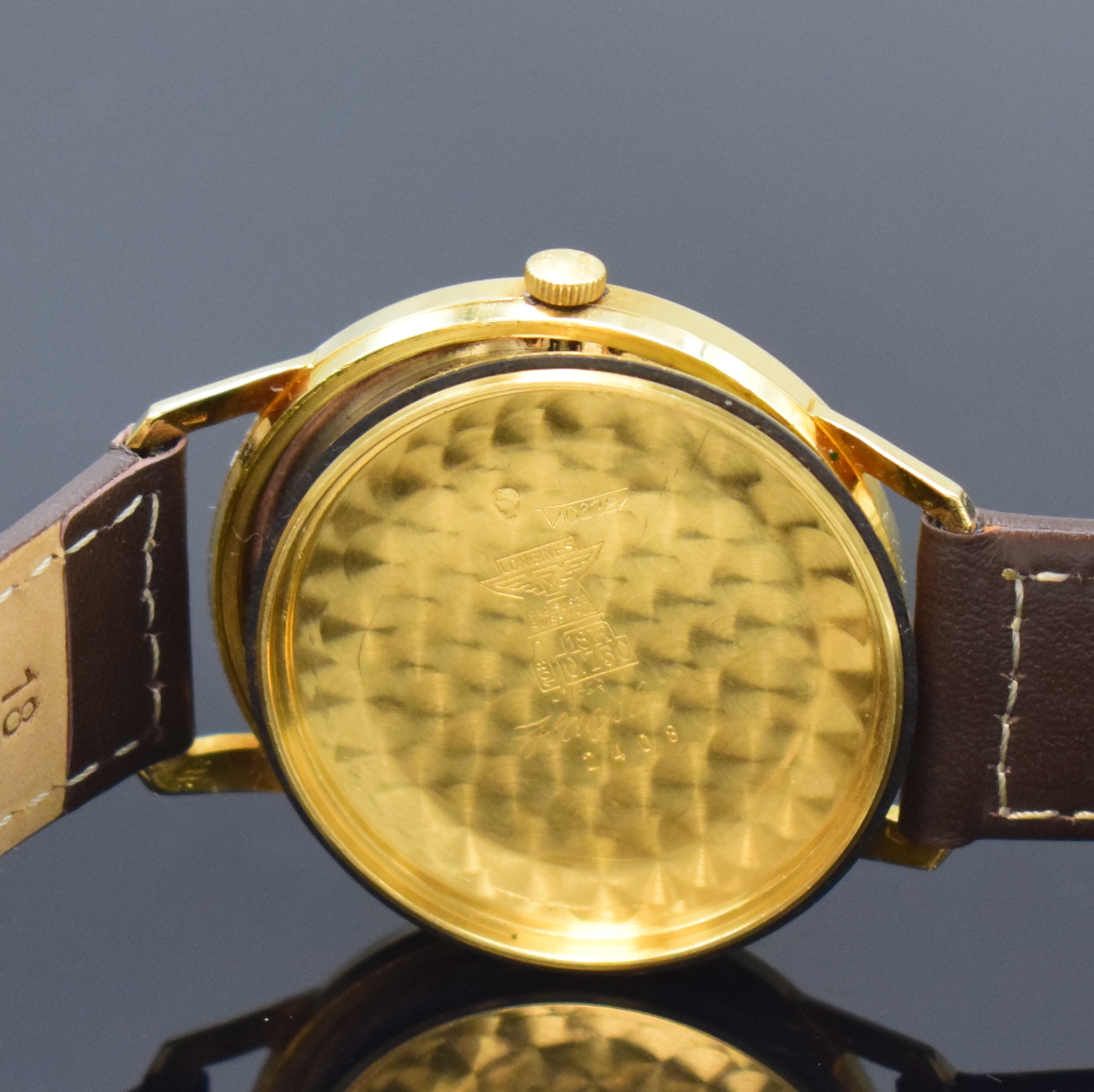 Detail f: LONGINES Flagship Referenz 2408 Armbanduhr in GG 750/000, Schweiz um 1962, Automatik, verschraubtes Geh., Boden m. Relief eines Segelschiffes, orig. ...