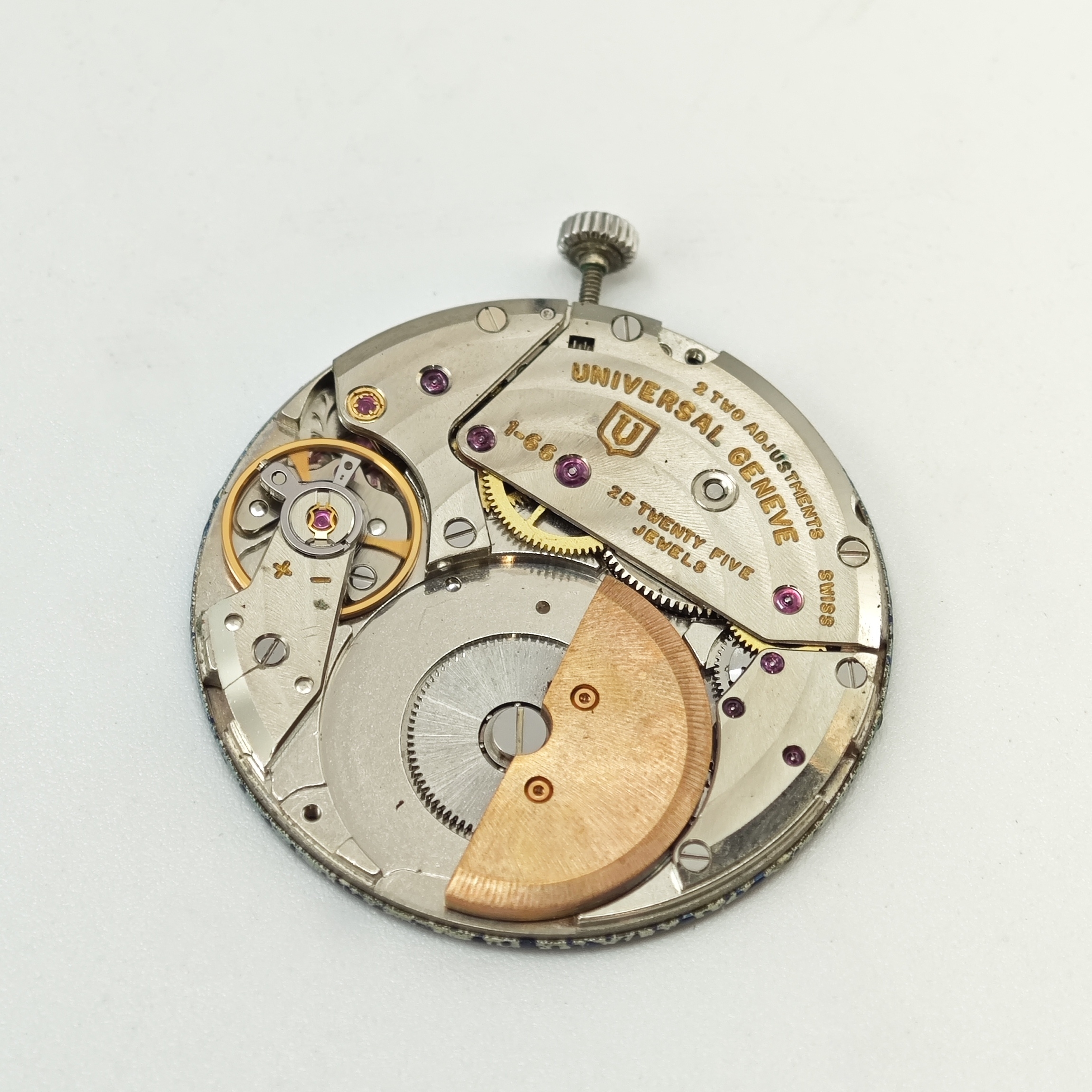 Detail g: UNIVERSAL White Shadow flache Automatik- Armbanduhr Referenz 866101/05 in Stahl, Schweiz um 1968, 2-tlg. Geh., Boden aufgedr., orig. Krone, blau ...