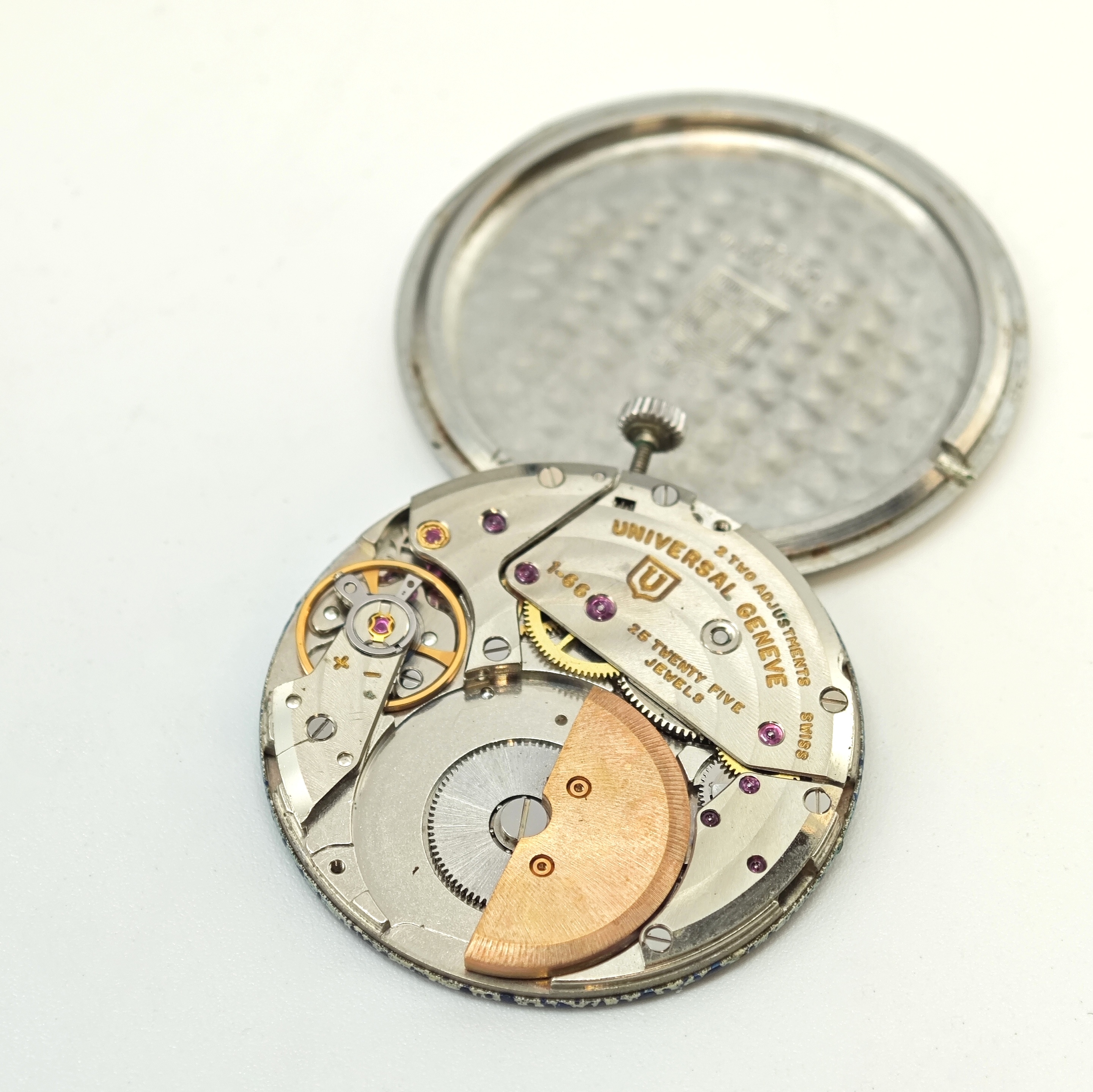 Detail h: UNIVERSAL White Shadow flache Automatik- Armbanduhr Referenz 866101/05 in Stahl, Schweiz um 1968, 2-tlg. Geh., Boden aufgedr., orig. Krone, blau ...