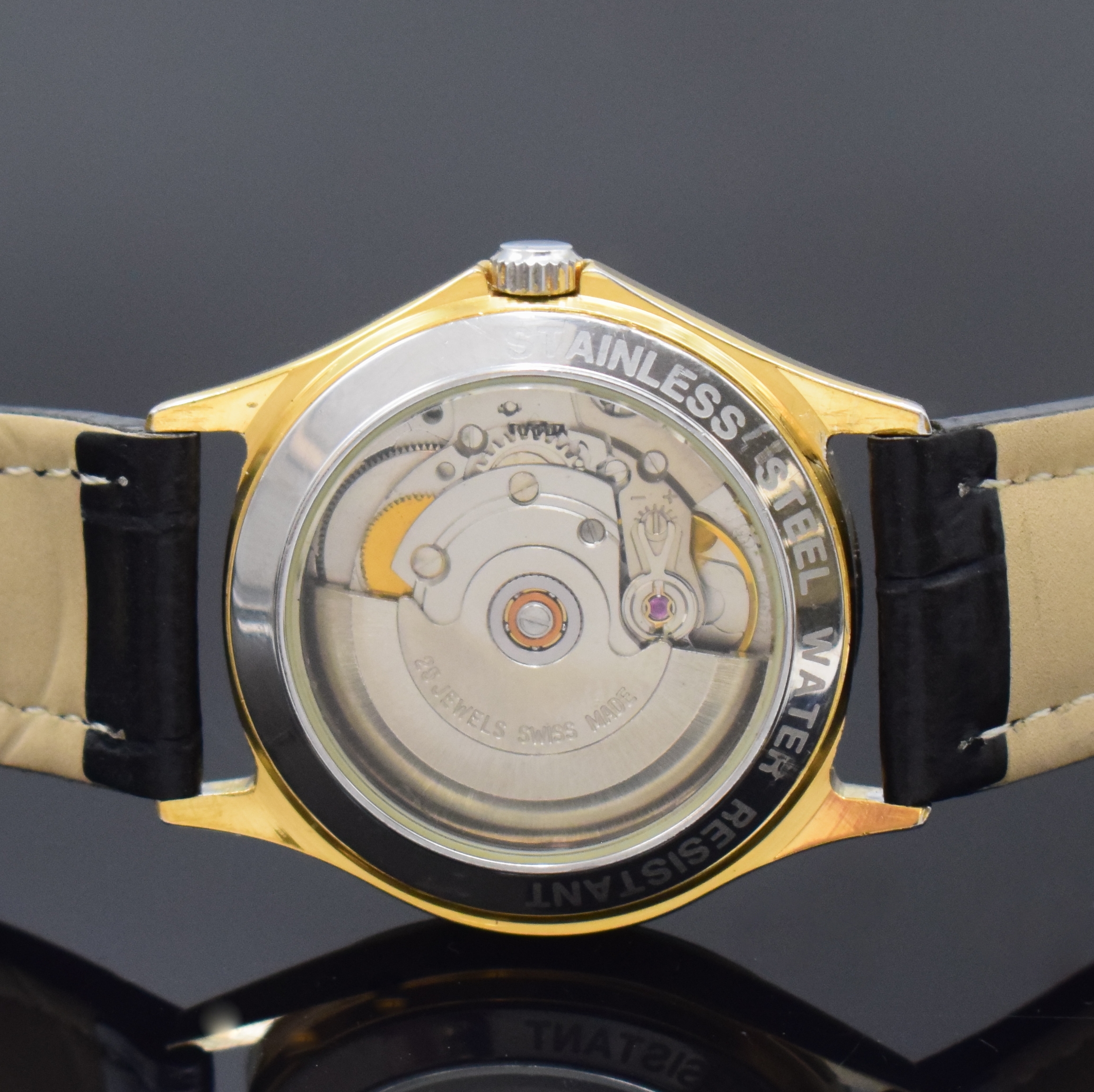 Detail c: GUB Glashütte/Sa frühe Nach-Wende Armbanduhr im vergoldetem Stahlgehäuse, Deutschland/ Schweiz 1990er Jahre, Automatik, beids. vergl. Geh., Boden ...