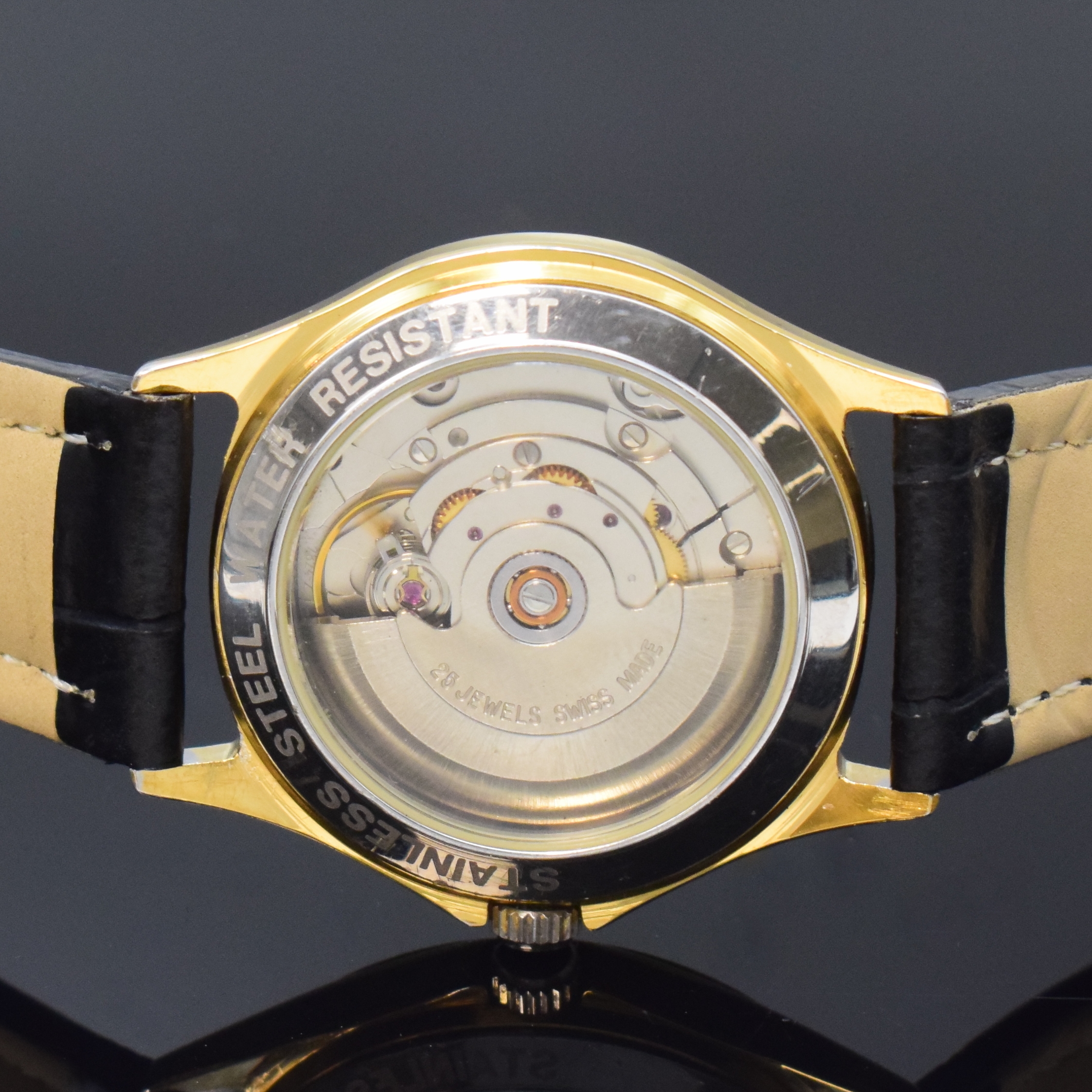 Detail d: GUB Glashütte/Sa frühe Nach-Wende Armbanduhr im vergoldetem Stahlgehäuse, Deutschland/ Schweiz 1990er Jahre, Automatik, beids. vergl. Geh., Boden ...