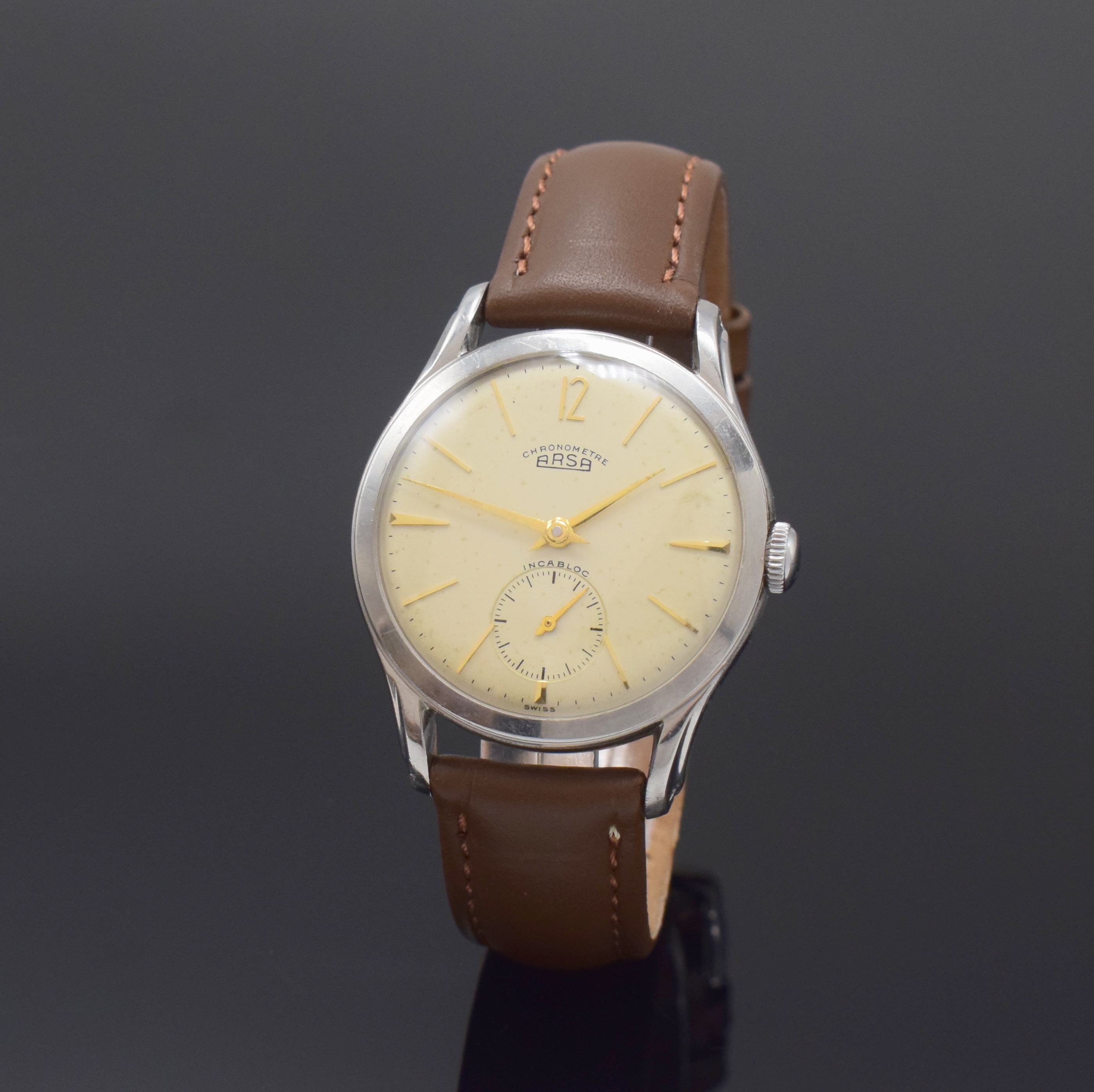 ARSA Chronometre seltener Armbandchronometer in Stahl, Schweiz um 1955, Handaufzug, verschr. Stahlgeh., silb. Zifferbl. pat., aufges. gold. Indizes, ...